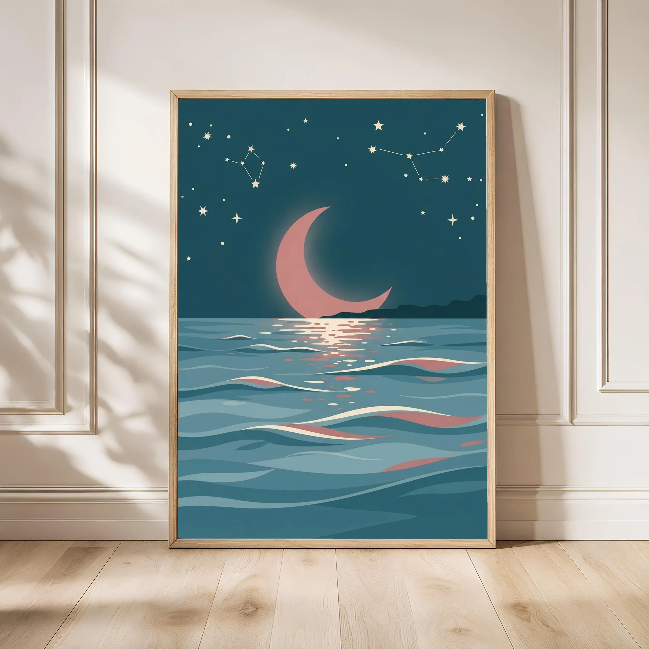 Moonlit Ocean Print, Celestial Coastal Wall Art, Teal Rose Poster, Bathroom Decor, Housewarming Gift – Calm Wall Art by Artsify - Image 1