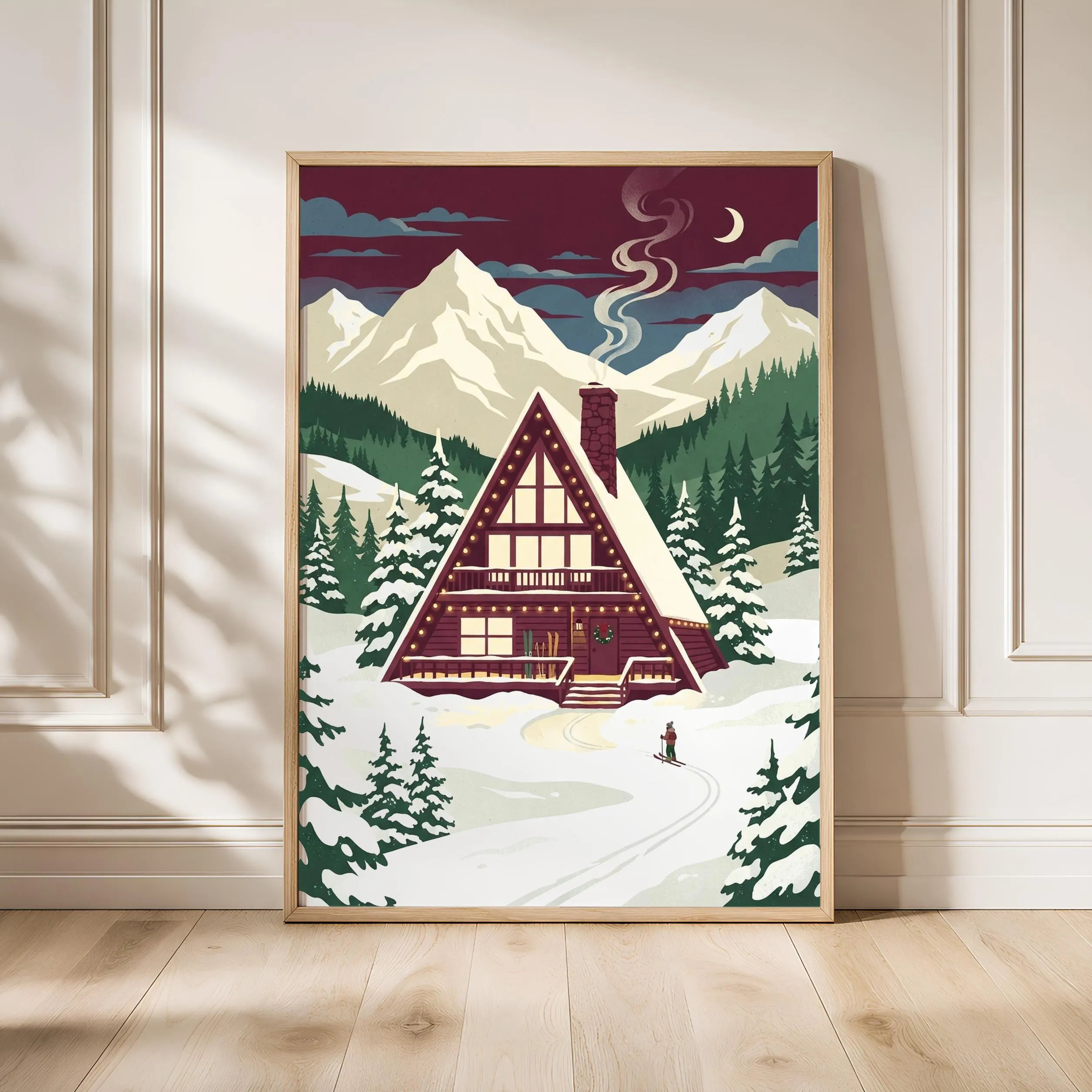 Ski Lodge Print, Alpine WPA Travel Poster, Burgundy Wall Art, Cabin Decor, Housewarming Gift – Calm Wall Art by Artsify - Image 1