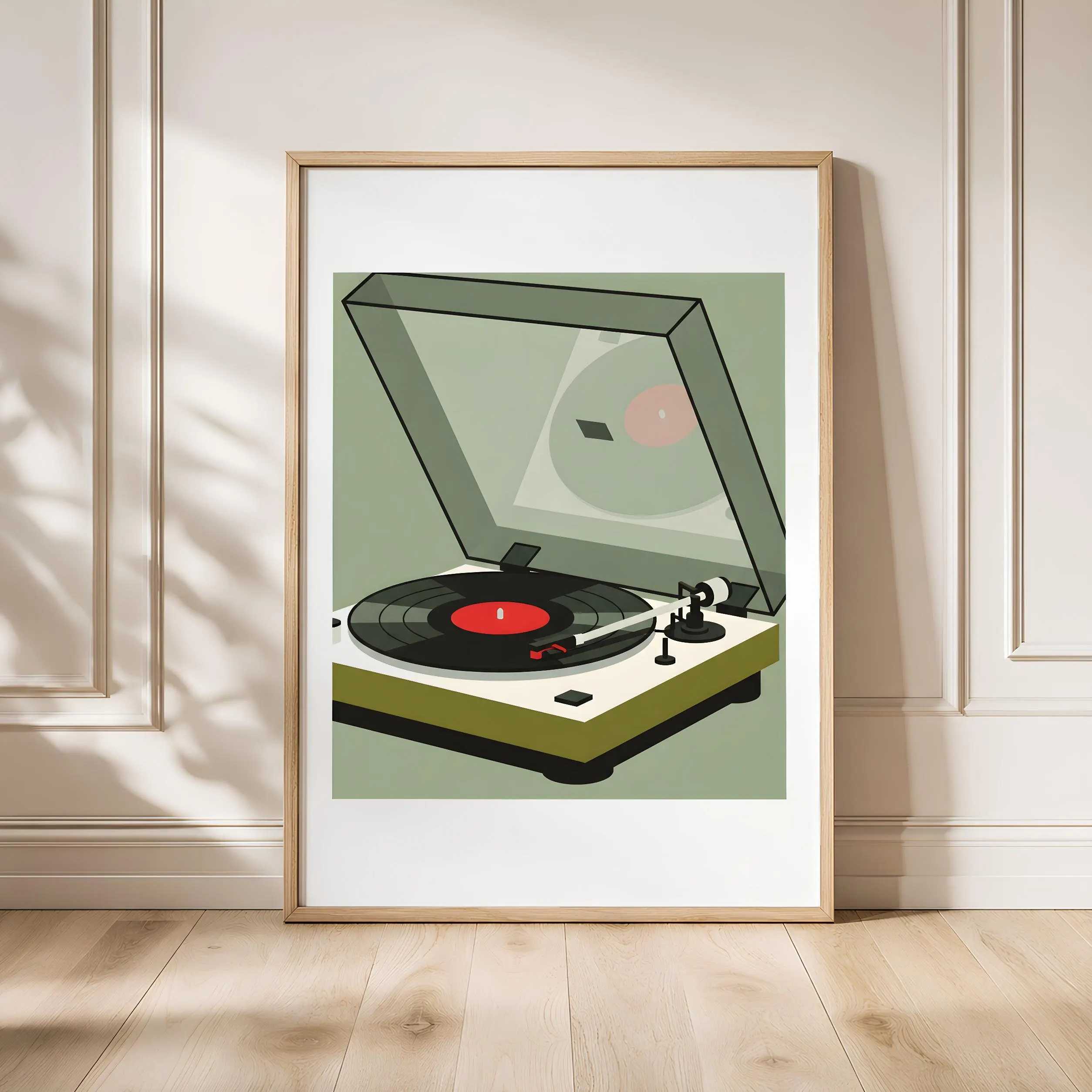 Vintage Turntable Print, Japandi Vinyl Reflection Poster, Red Record Wall Art, Studio Office Decor, Housewarming Gift – Calm Wall Art by Artsify - Image 1