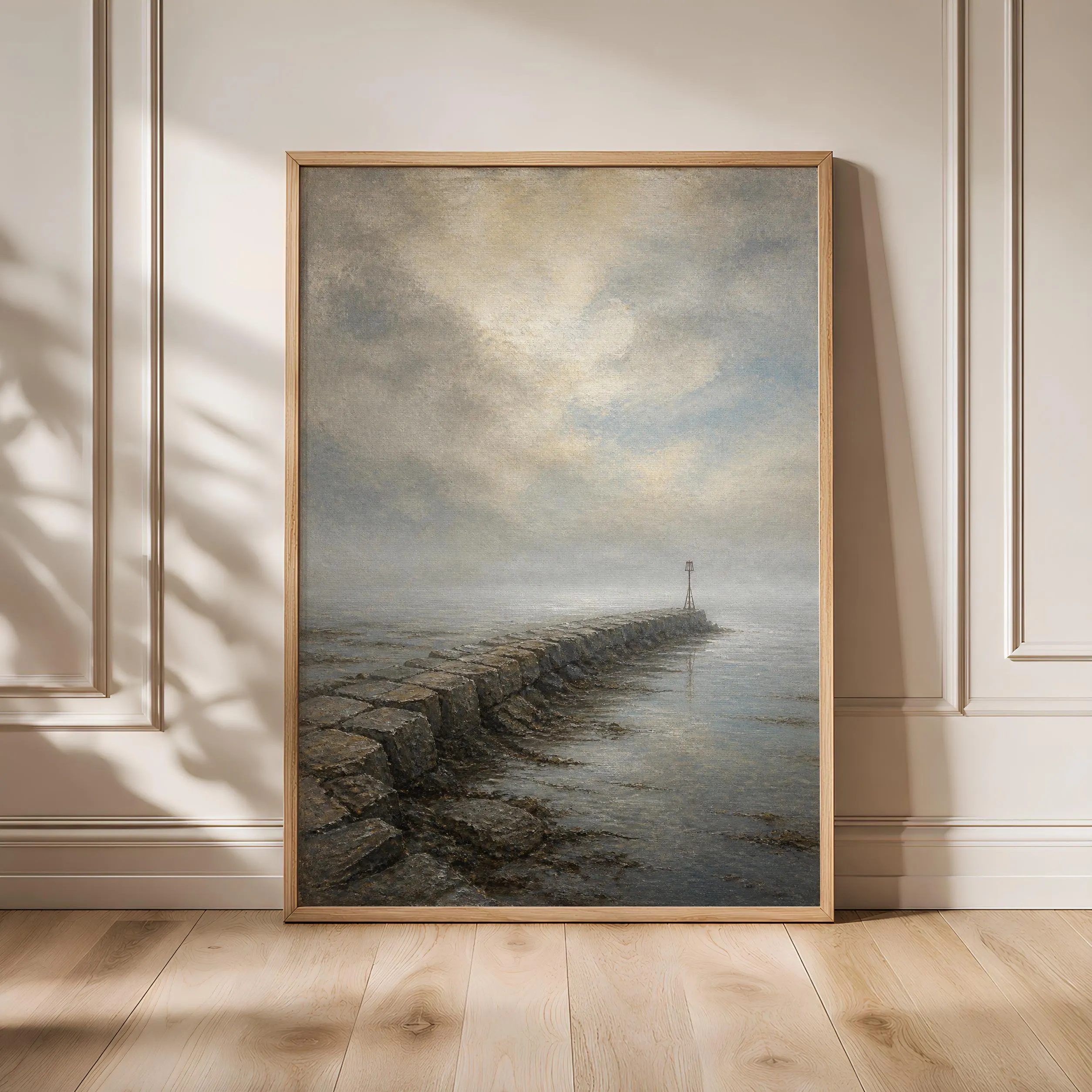 Fog Breakwater Wall Art, Tonalist Coastal Oil Painting Print – Calm Wall Art by Artsify - Image 1