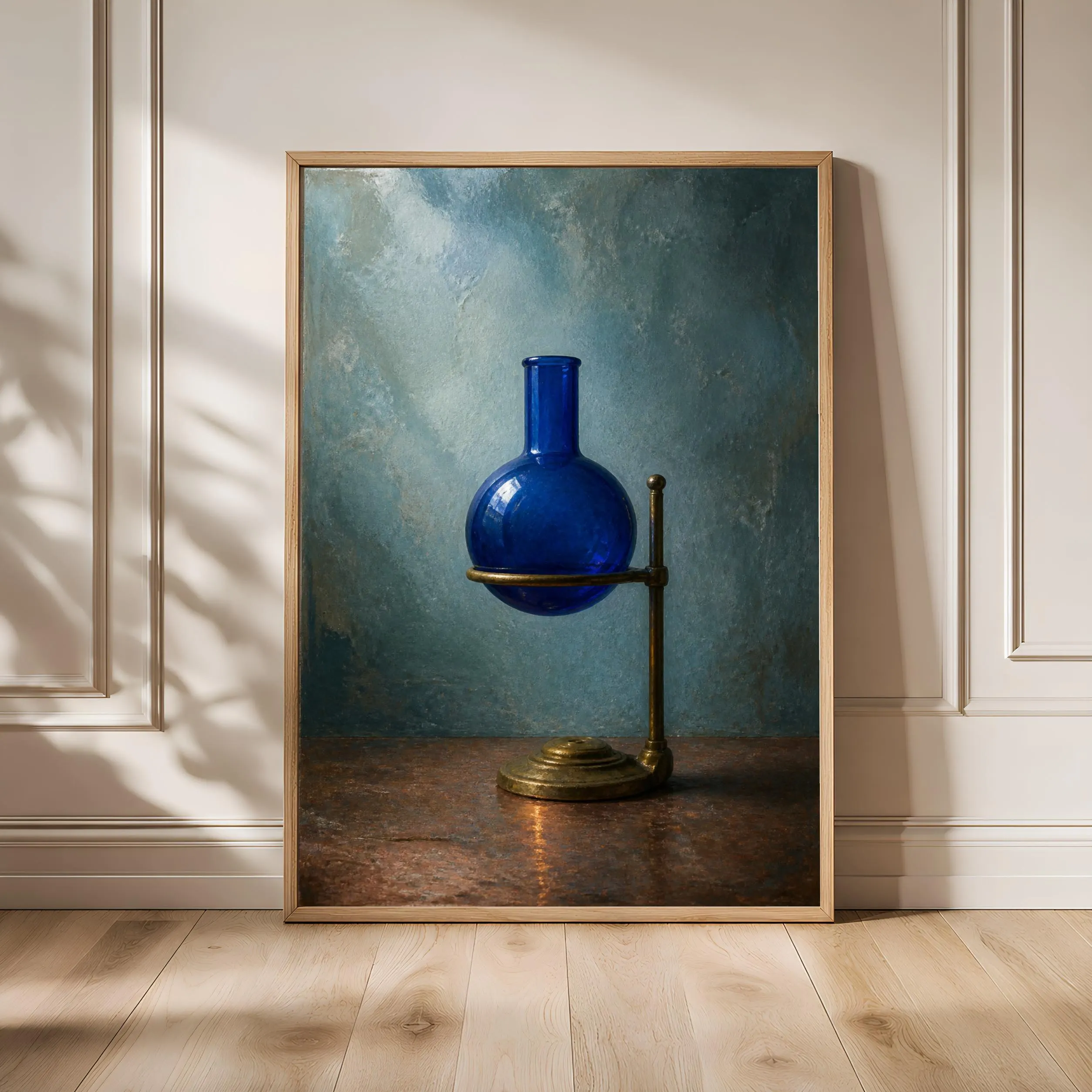 Cobalt Flask Wall Art, Vintage Chemistry Oil Painting Print – Calm Wall Art by Artsify - Image 1