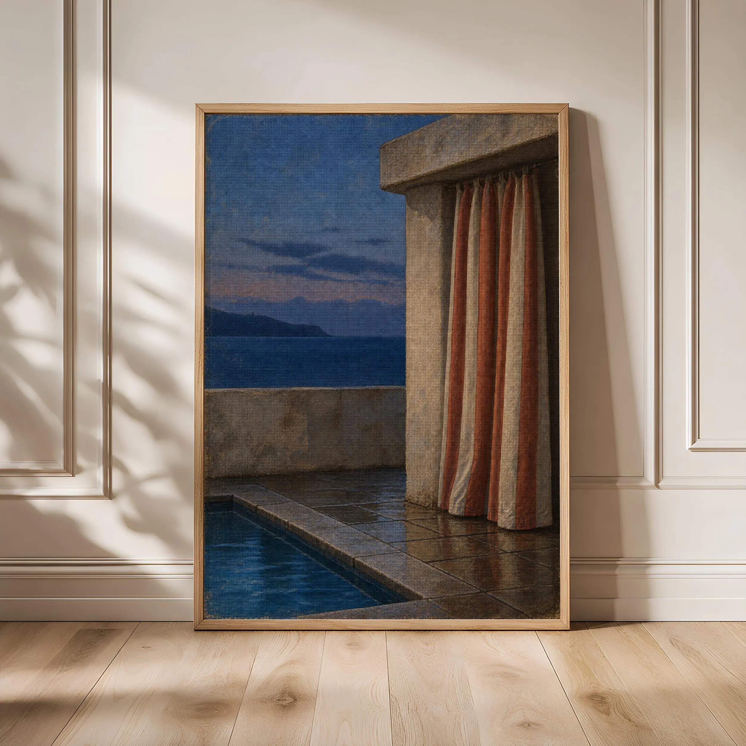 Striped Cabana Wall Art, Blue Hour Poolside Oil Painting, Mediterranean Summer Decor – Calm Wall Art by Artsify - Image 1