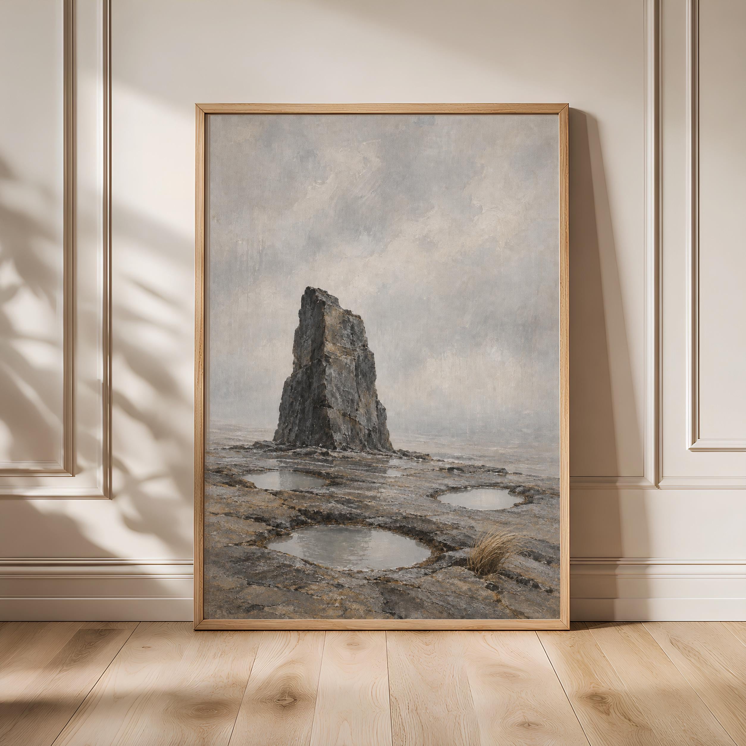Rainy Basalt Shore Wall Art, Minimalist Coastal Japandi Painting – Calm Wall Art by Artsify - Image 1