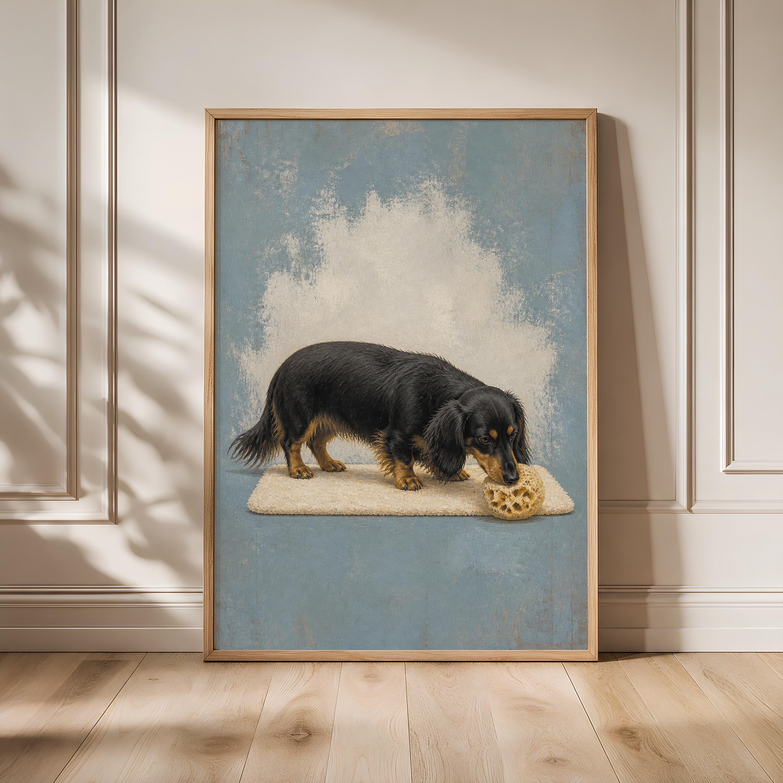 Funny Dachshund Bathroom Art, Loofah Dog, Minimalist Pet Print – Calm Wall Art by Artsify - Image 1