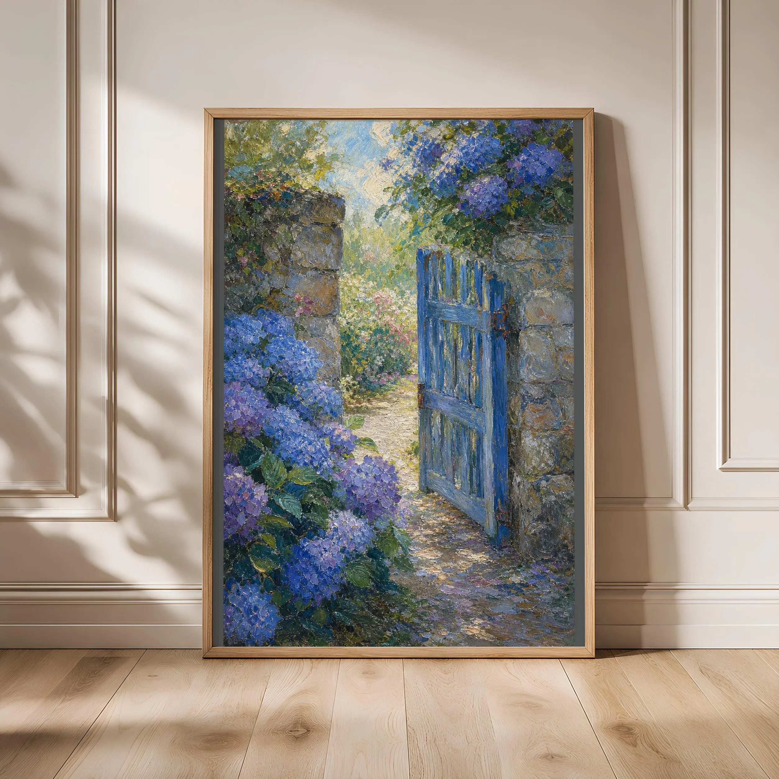 Monet Style Garden Gate Print, Blue Hydrangea Wall Art, Impressionist Cottage Poster, Floral Garden Decor, Housewarming Gift – Calm Wall Art by Artsify - Image 1