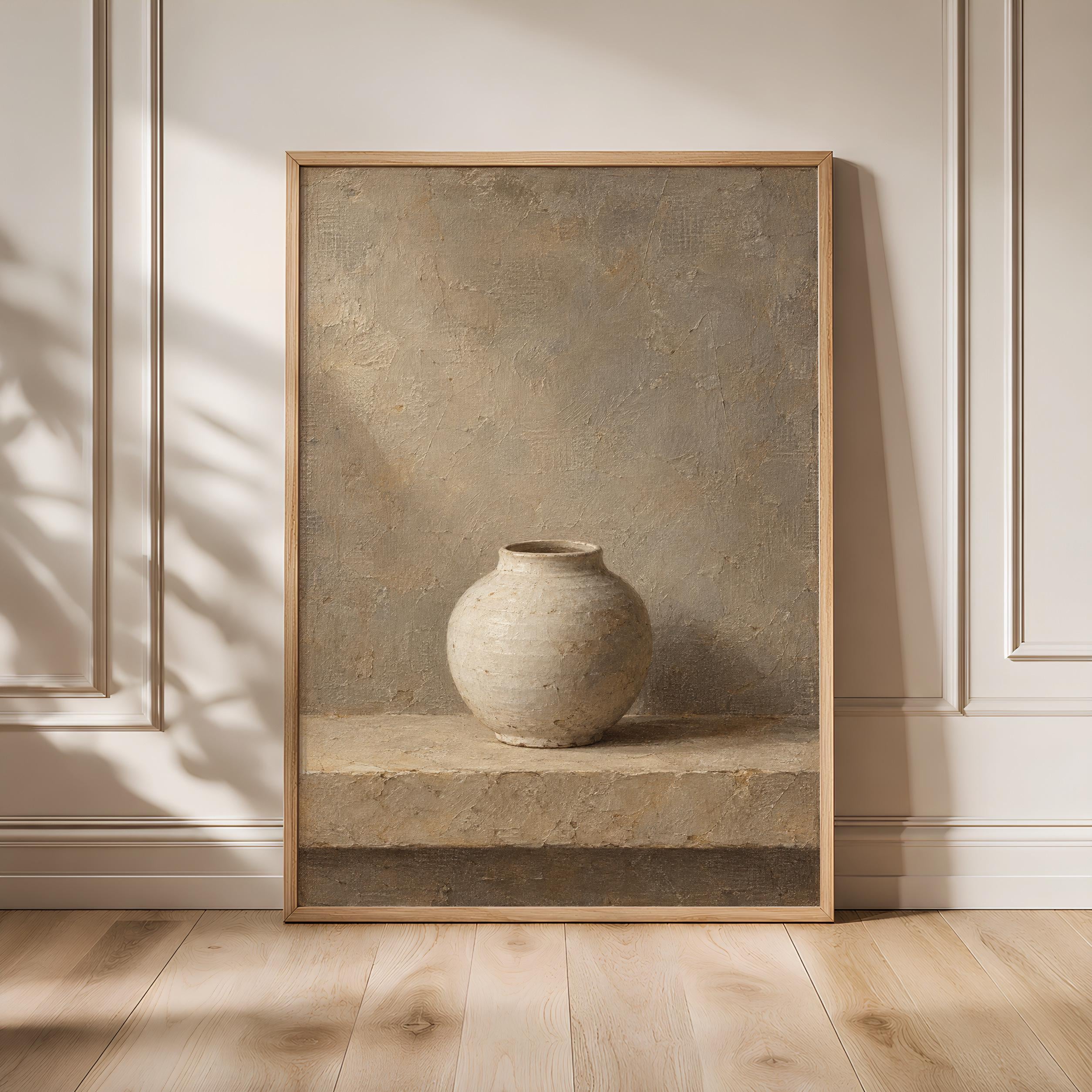 White Ceramic Jar Wall Art, Minimal Japandi Pottery Painting, Neutral Shelf Decor – Calm Wall Art by Artsify - Image 1