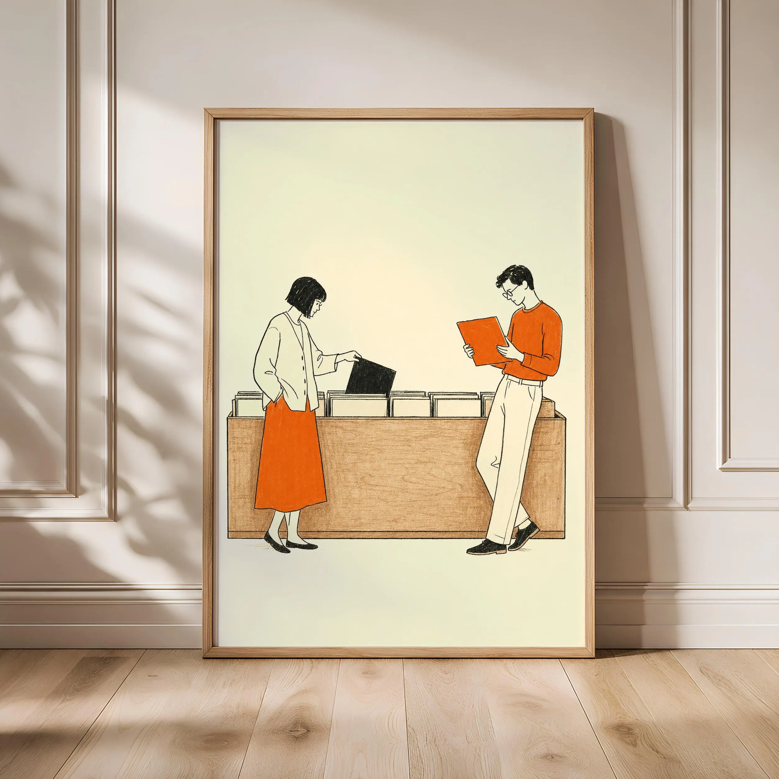 Vintage Record Shop Print, Retro Vinyl Browsing Wall Art, Orange Music Poster, Minimalist Line Art Decor, Housewarming Gift – Calm Wall Art by Artsify - Image 1