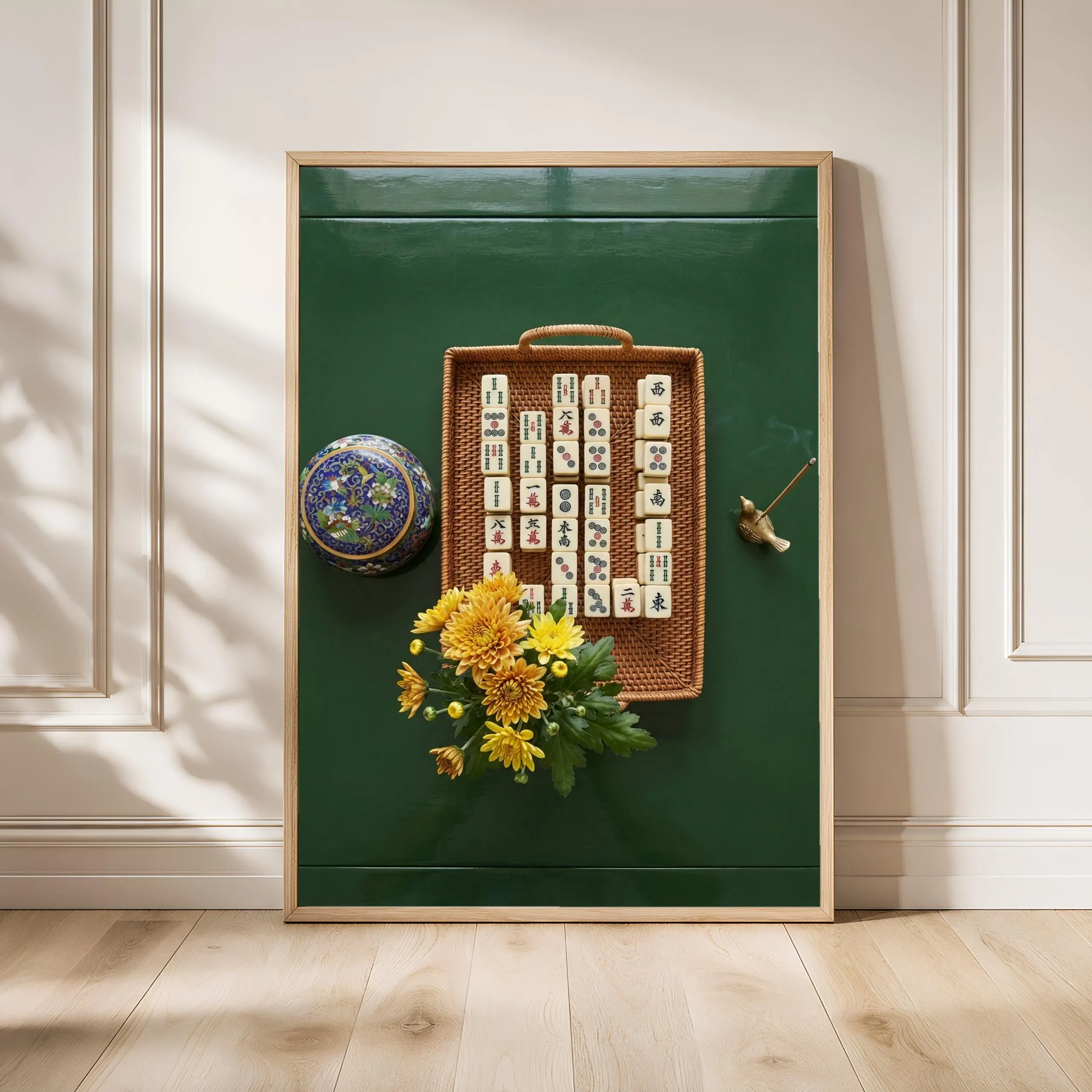 Mahjong Chrysanthemum Print, Chinoiserie Game Room Poster, Forest Green Wall Art, Housewarming Gift – Calm Wall Art by Artsify - Image 1