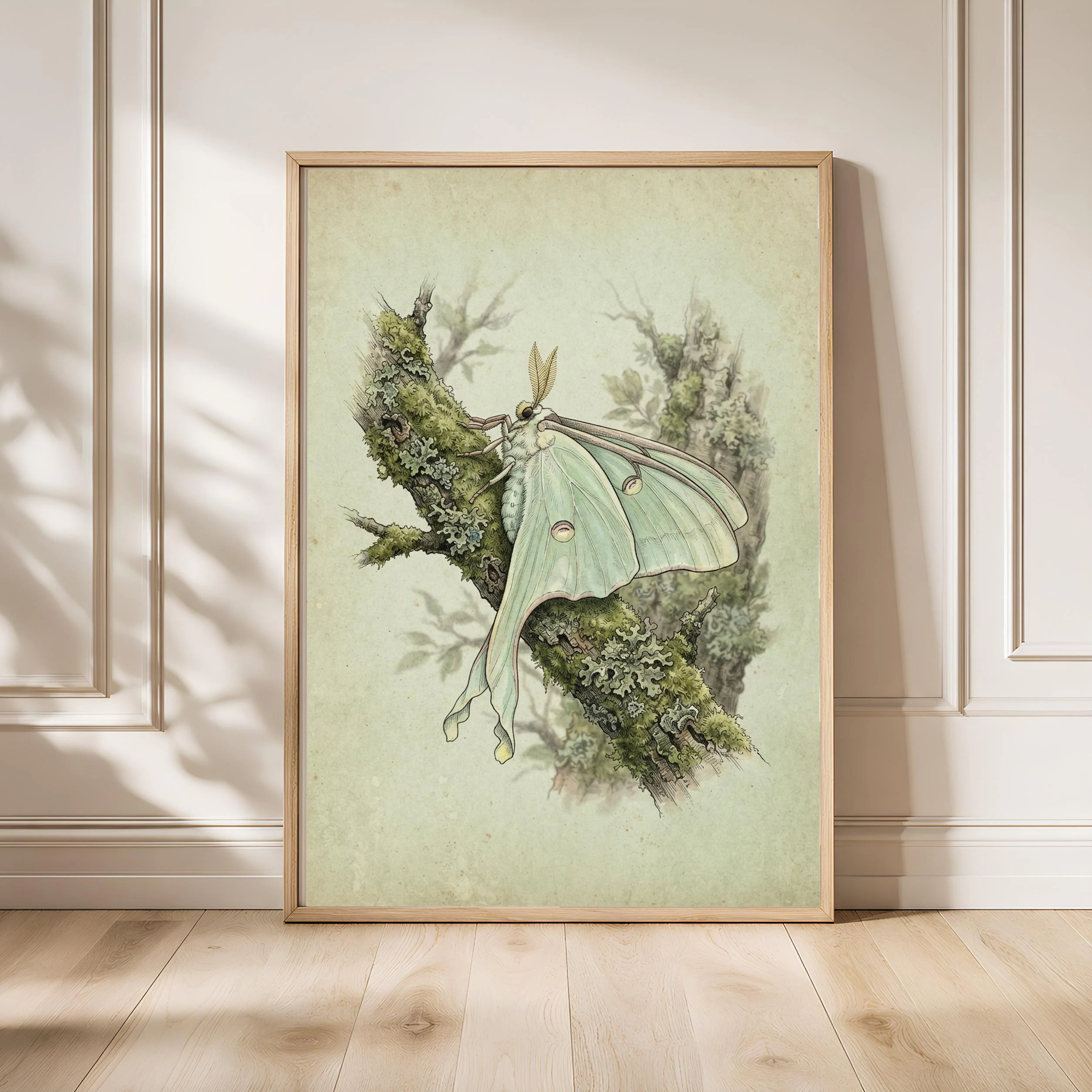 Luna Moth Print, Vintage Botanical Poster, Sage Wall Art, Cottagecore Decor, Housewarming Gift – Calm Wall Art by Artsify - Image 1