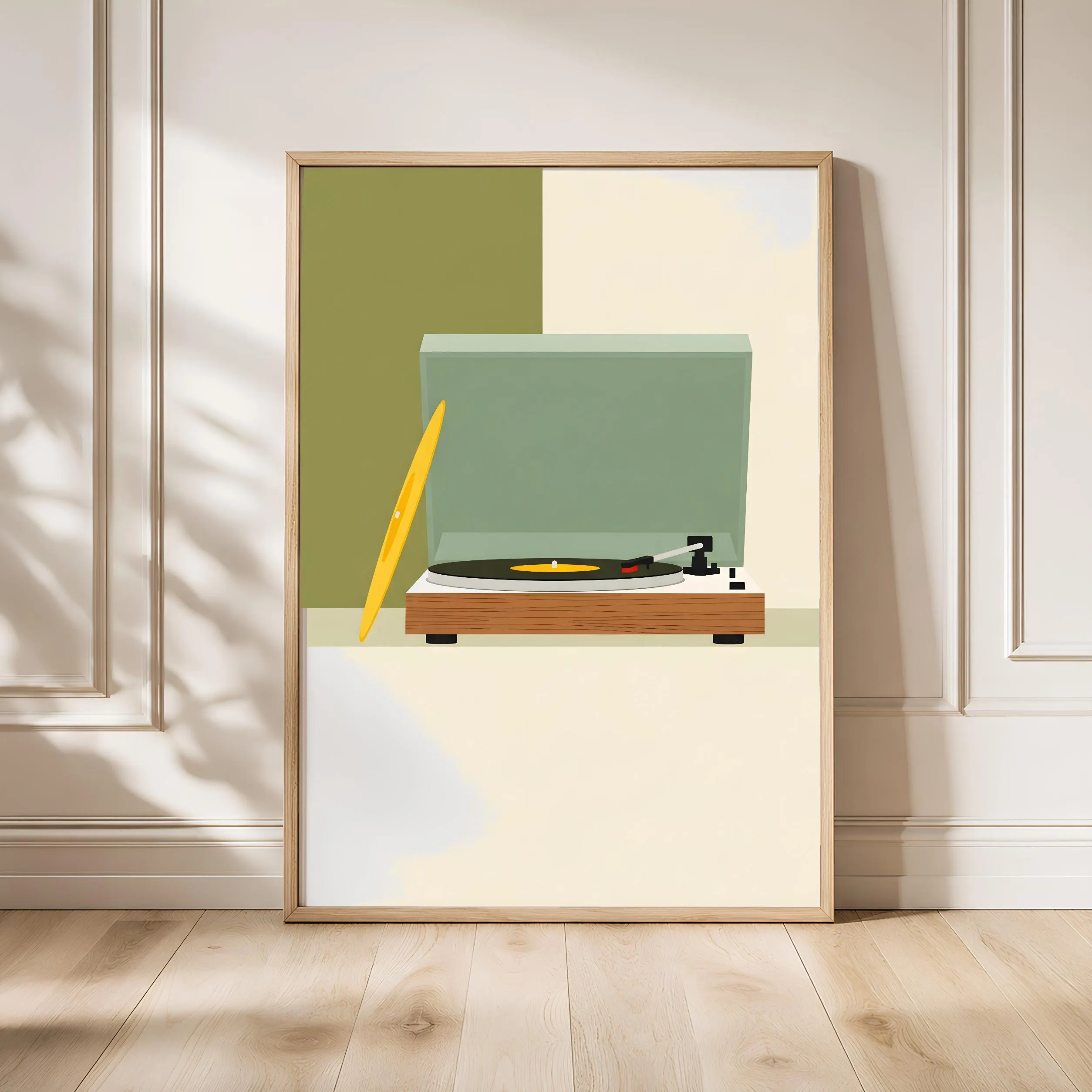 Retro Record Player Print, Japandi Vinyl Console Poster, Yellow Record Wall Art, Living Room Decor, Housewarming Gift – Calm Wall Art by Artsify - Image 1