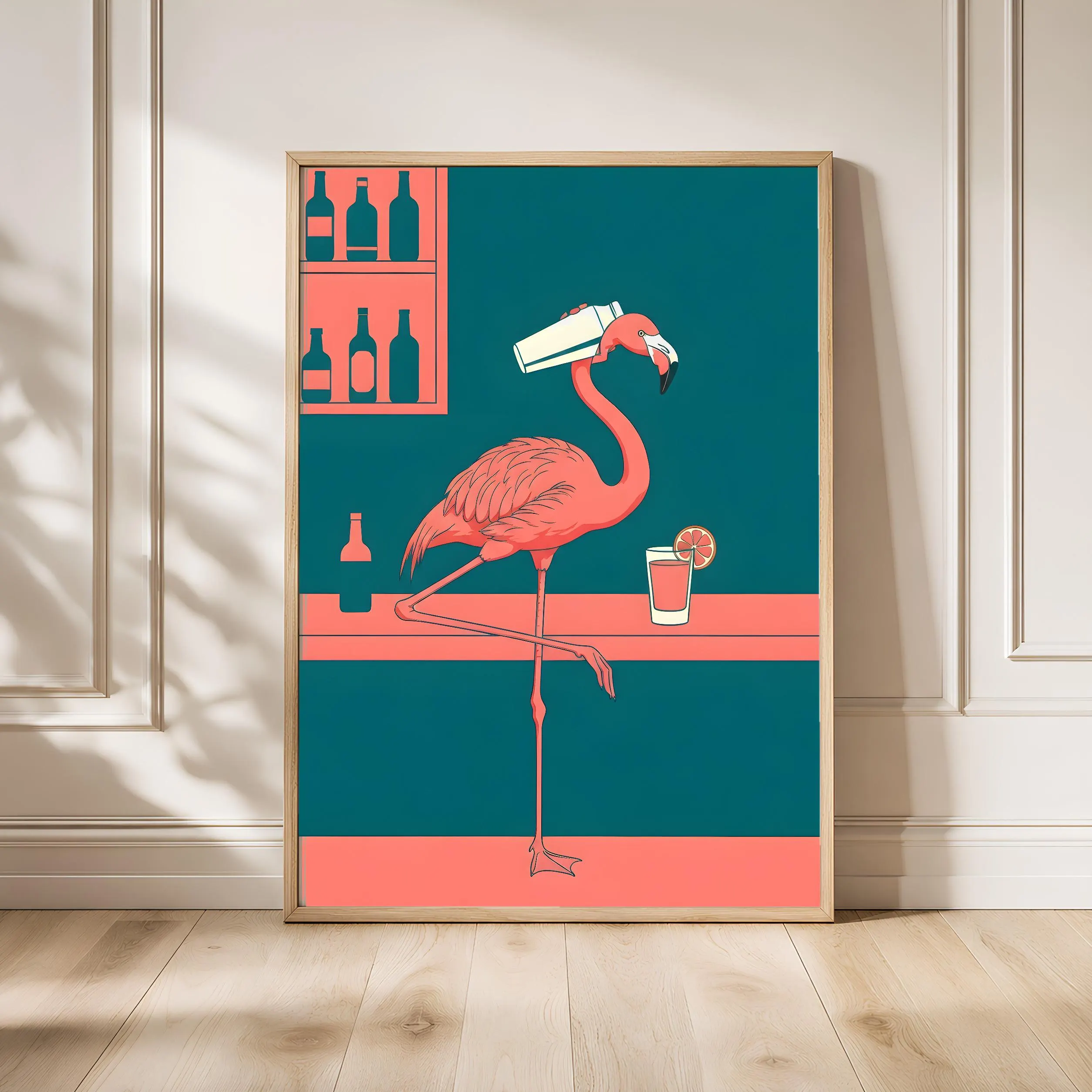 Flamingo Bartender Art Print, Funny Animal Poster, Retro Home Bar Wall Art, Quirky Cocktail Decor, Bar Cart Gift, Housewarming Gift – Calm Wall Art by Artsify - Image 1