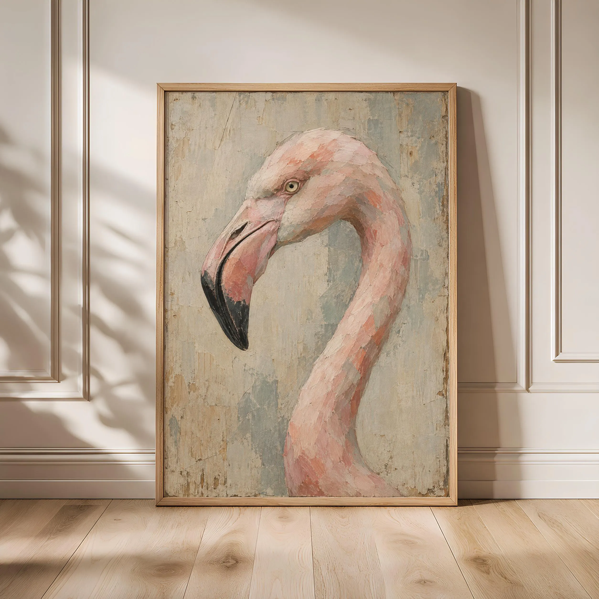 Cubist Flamingo Wall Art, Abstract Geometric Tropical Bird Portrait, Muted Pink Decor – Calm Wall Art by Artsify - Image 1