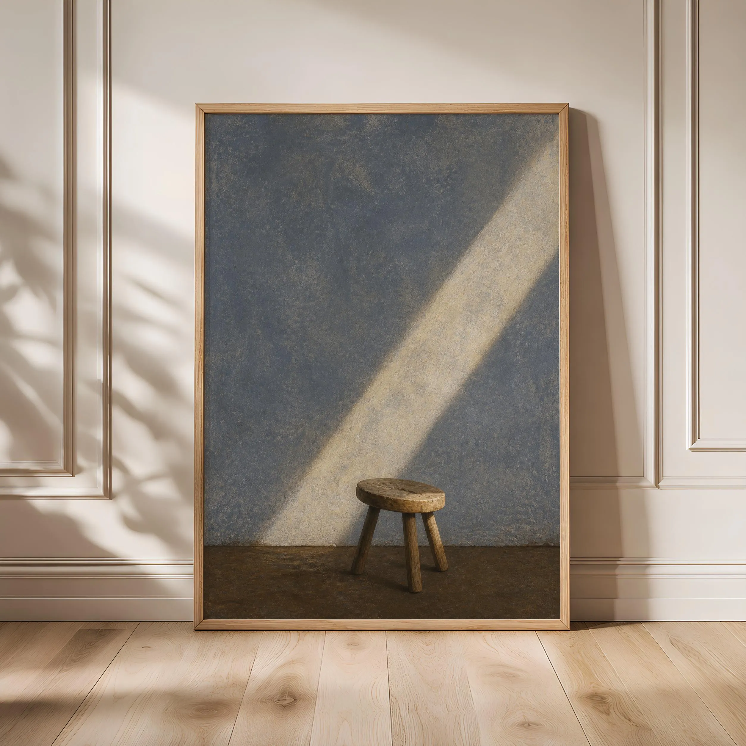 Minimalist Stool Wall Art, Wabi Sabi Winter Light Painting, Blue Grey Still Life Print – Calm Wall Art by Artsify - Image 1