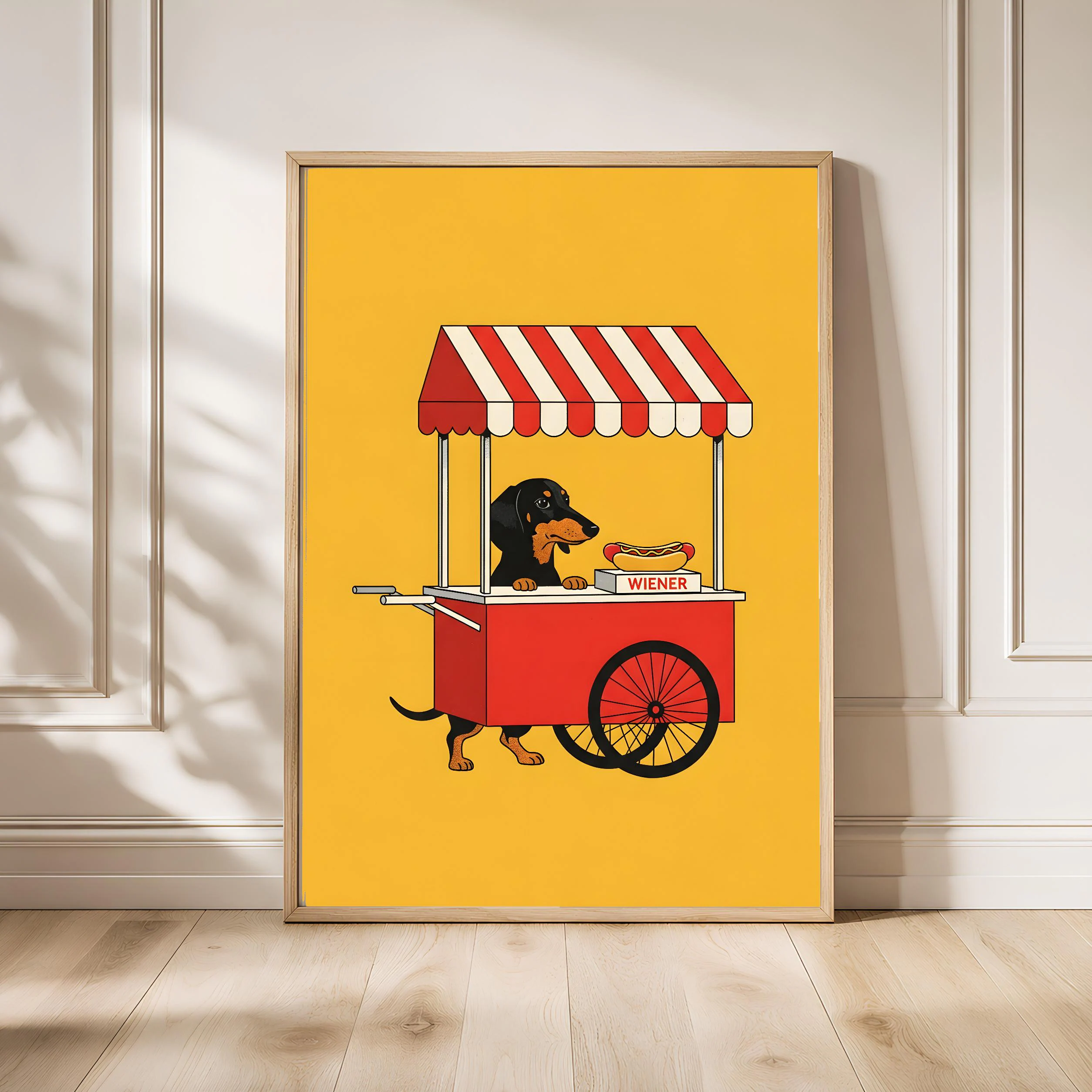 Funny Dachshund Art Print, Hotdog Stand Dog Poster, Retro Kitchen Wall Art, Quirky Food Decor, Dog Lover Gift, Housewarming Gift – Calm Wall Art by Artsify - Image 1