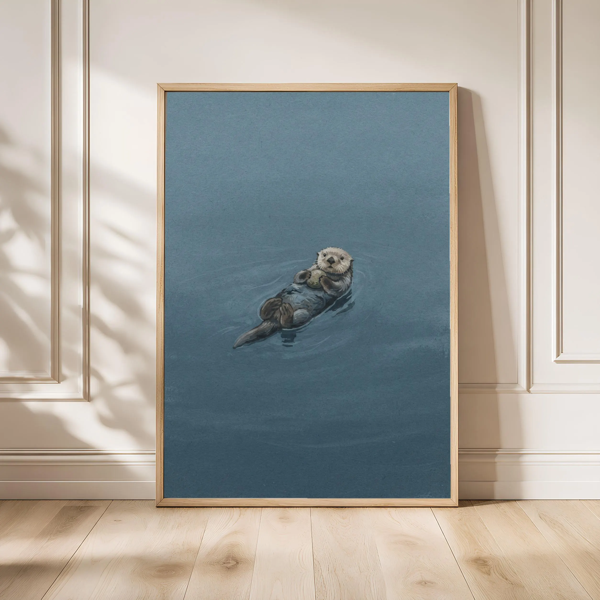 Otter Wall Art, Slate Blue Minimalist Wildlife Painting, Vintage River Print, Housewarming Gift – Calm Wall Art by Artsify - Image 1