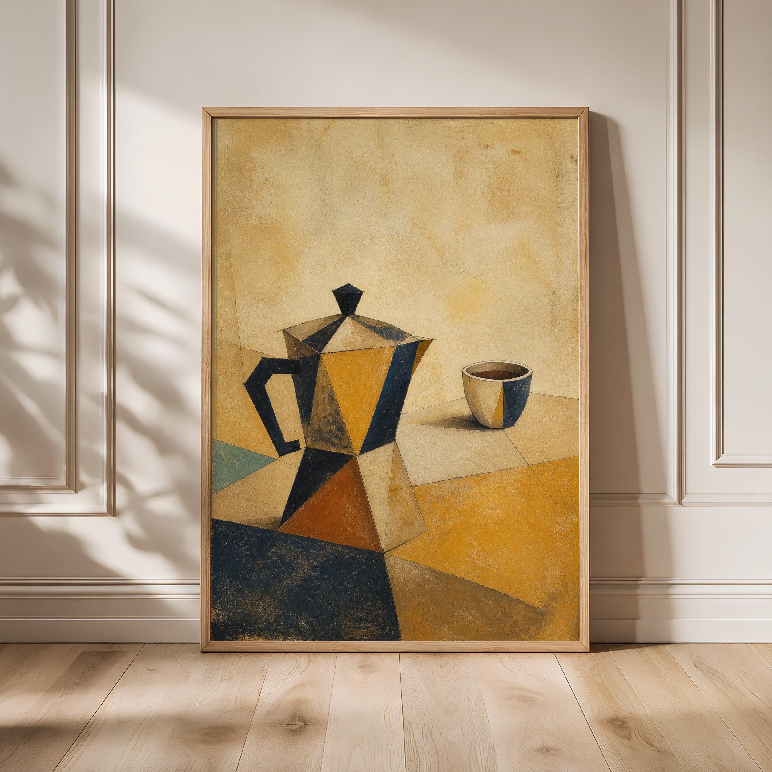 Cubist Coffee Pot Print, Saffron Geometric Wall Art, Modern Kitchen Poster, Housewarming Gift – Calm Wall Art by Artsify - Image 1