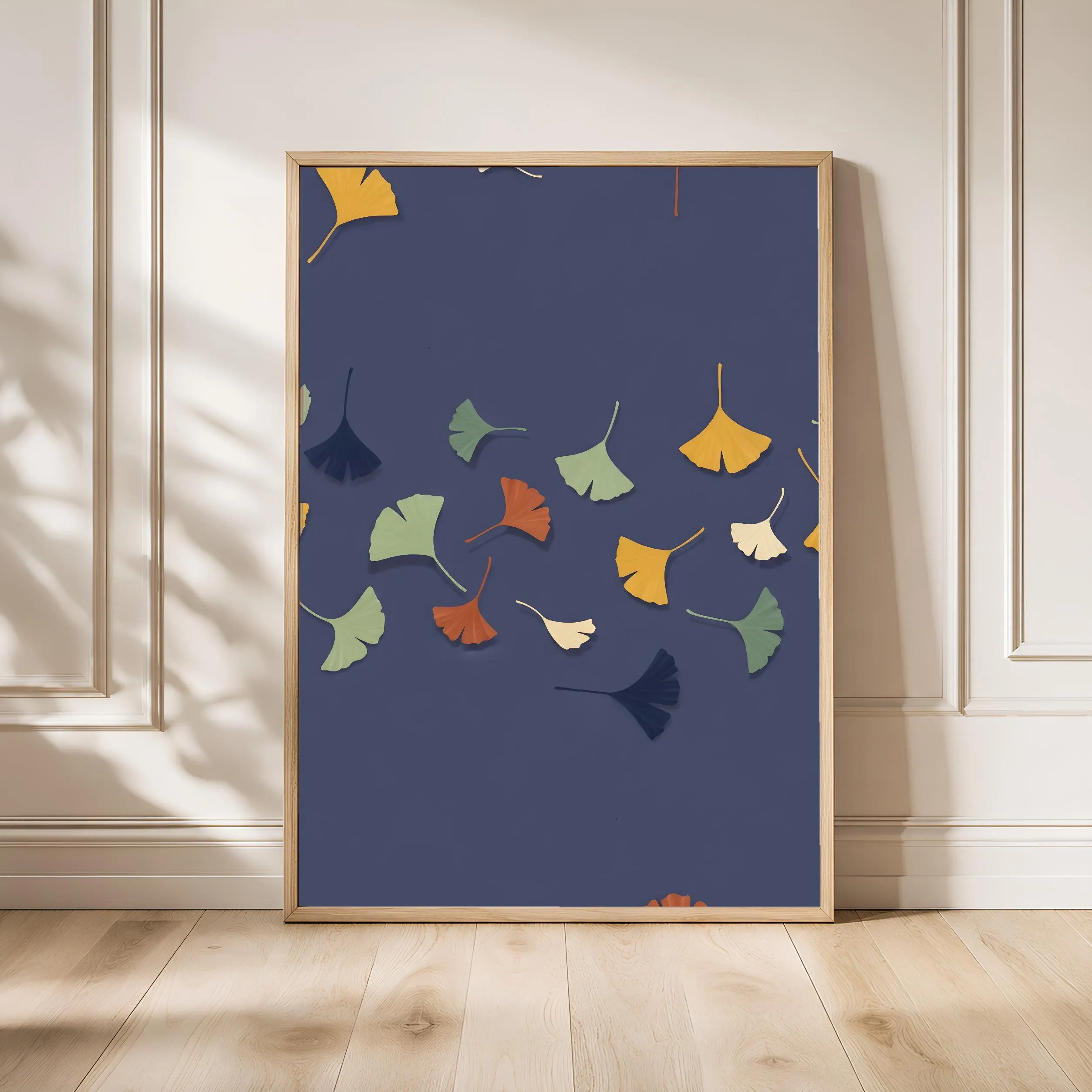 Ginkgo Leaf Art Print, Japanese Botanical Poster, Indigo Minimalist Wall Art, Zen Nature Decor, A1/A2/A3/A4, Housewarming Gift – Calm Wall Art by Artsify - Image 1