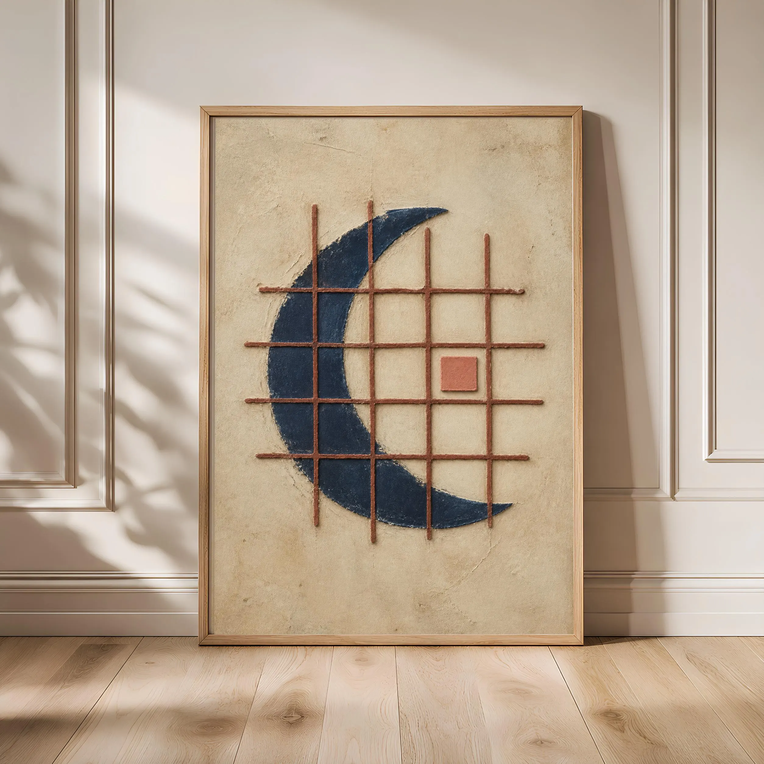 Indigo Geometric Wall Art, Textured Crescent Abstract Print, Rust Modern Relief Poster, Housewarming Gift – Calm Wall Art by Artsify - Image 1