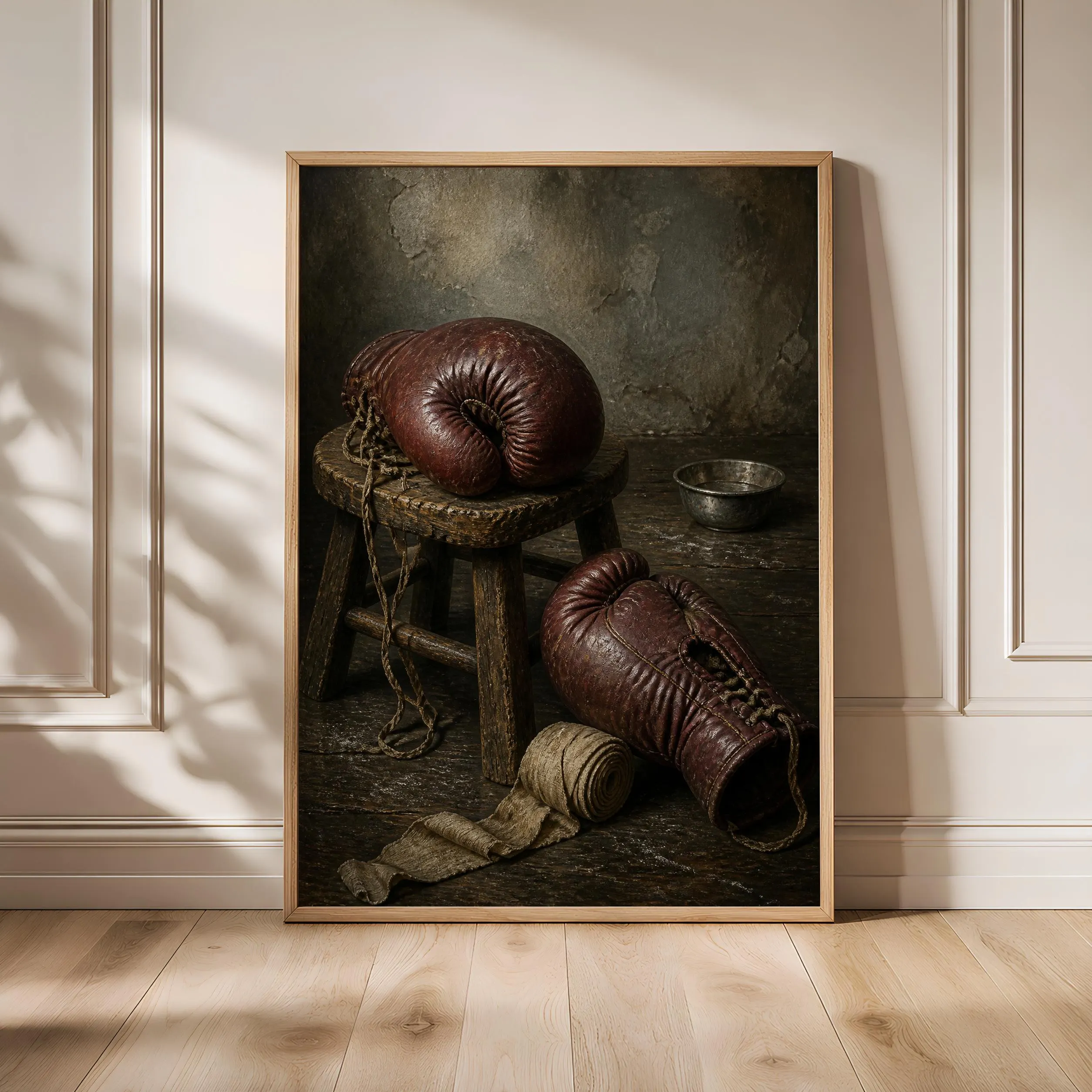 Vintage Boxing Gloves Print, Sport Still Life Wall Art, Oxblood Leather Poster, Gym Decor, Housewarming Gift – Calm Wall Art by Artsify - Image 1