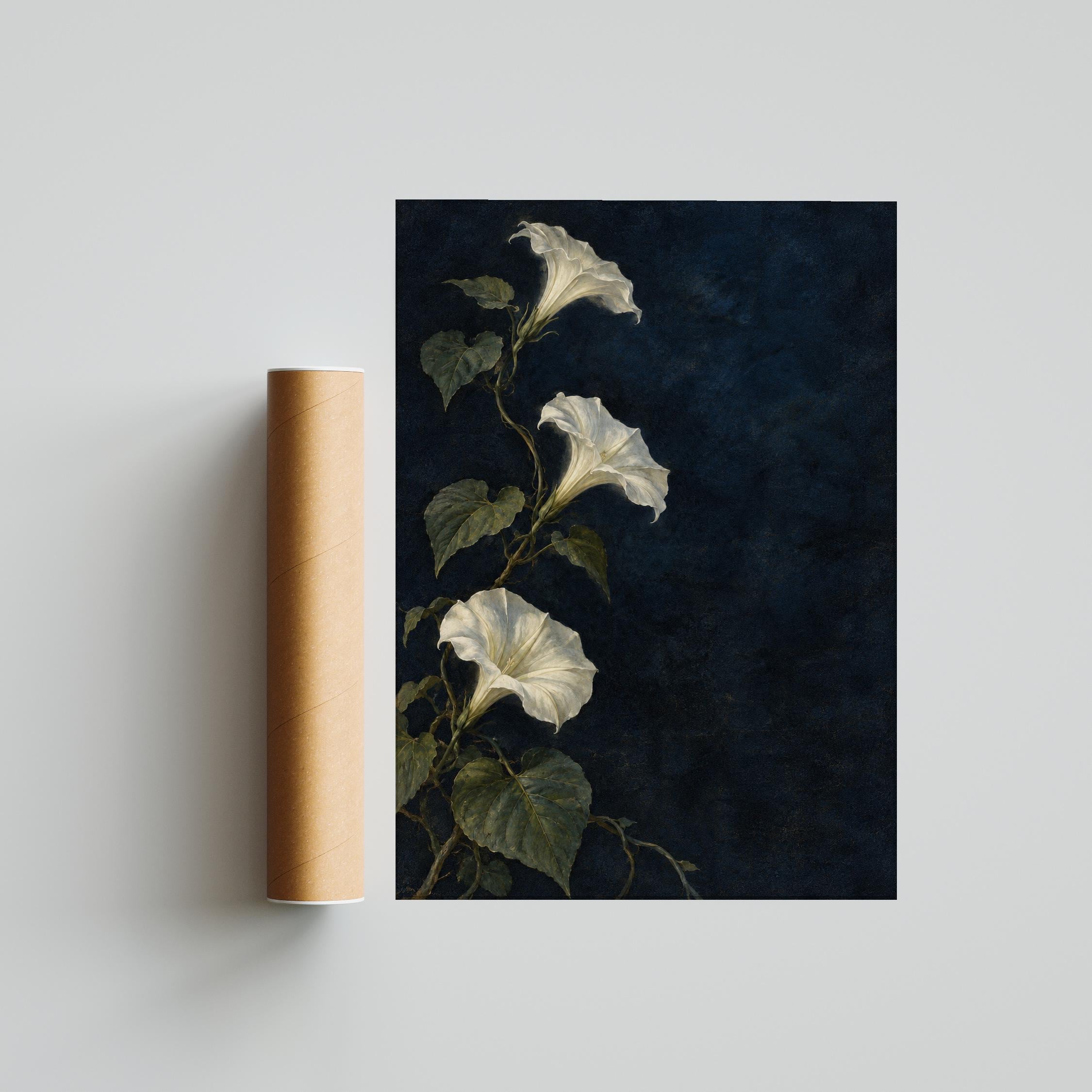 Moonflower Wall Art, Moody White Botanical Oil Painting, Dark Blue Bedroom Decor – Calm Wall Art by Artsify thumbnail 5