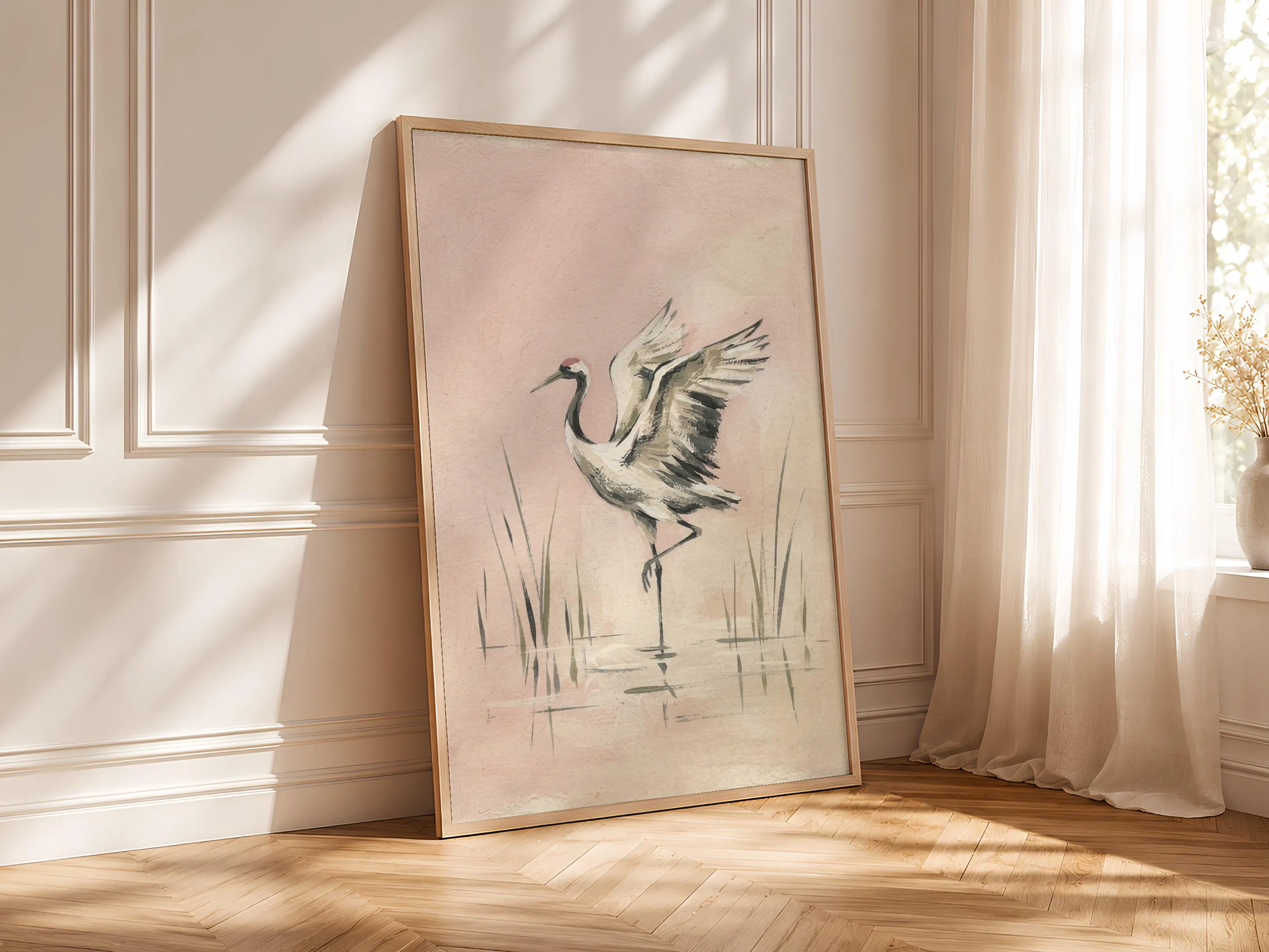 Crane Wall Art, Blush Pink Minimalist Wildlife Painting, Vintage Wetland Print, Housewarming Gift – Calm Wall Art by Artsify thumbnail 4