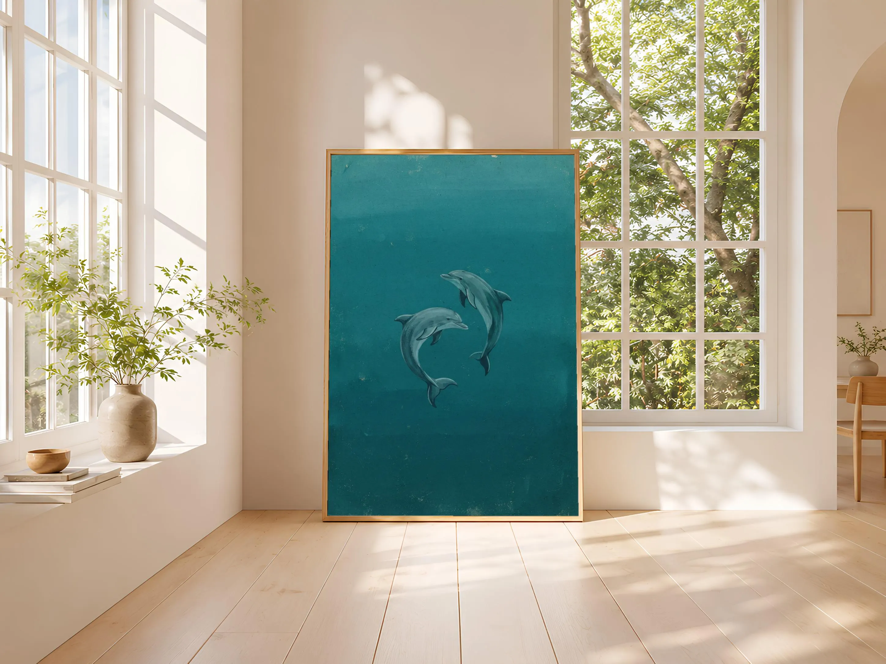 Dolphin Wall Art, Teal Minimalist Ocean Painting, Vintage Coastal Print, Housewarming Gift – Calm Wall Art by Artsify thumbnail 3