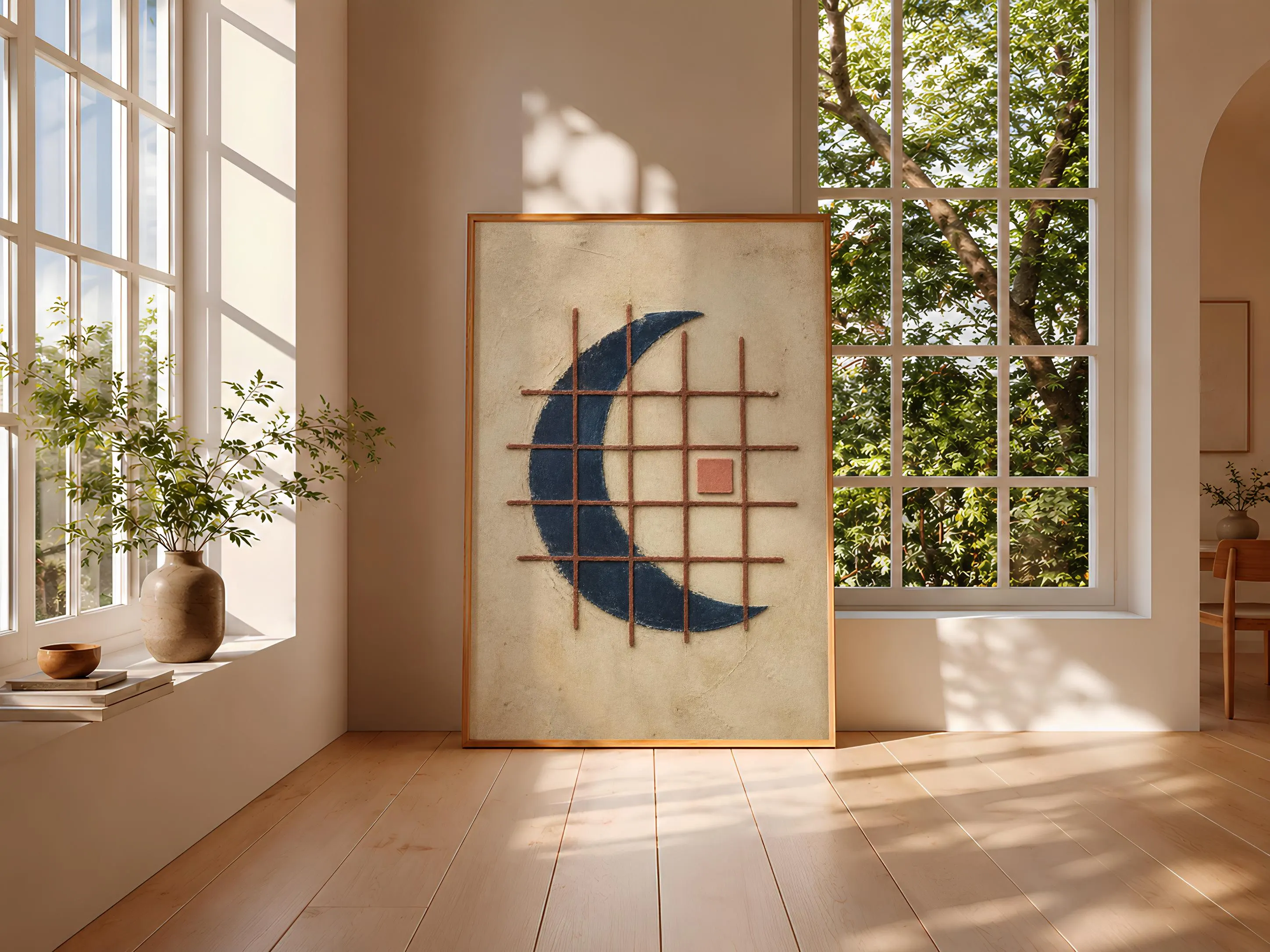 Indigo Geometric Wall Art, Textured Crescent Abstract Print, Rust Modern Relief Poster, Housewarming Gift – Calm Wall Art by Artsify thumbnail 3