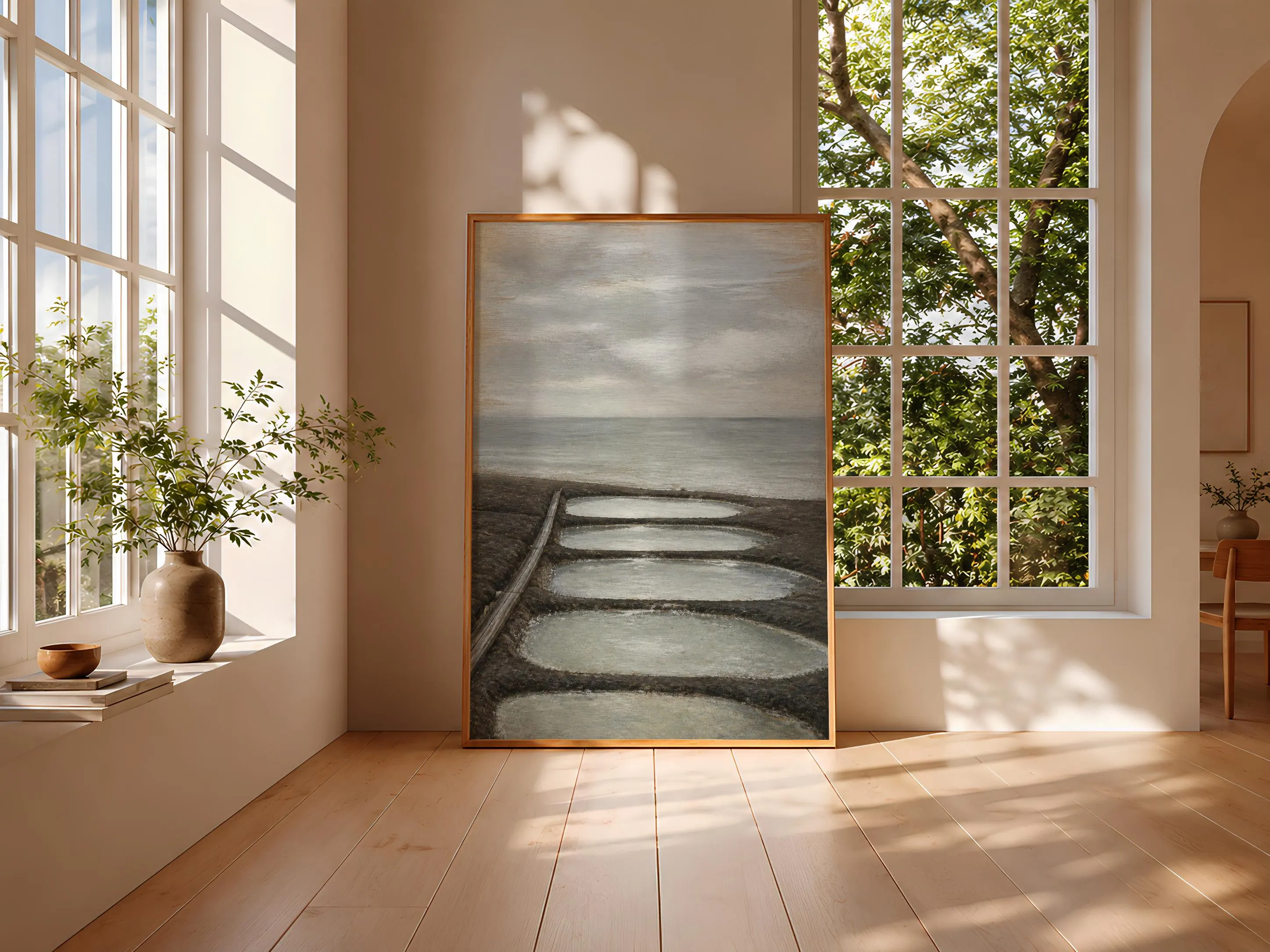 Salt Farm Wall Art, Coastal Evaporation Ponds Landscape, Muted Grey Beach Print – Calm Wall Art by Artsify thumbnail 3