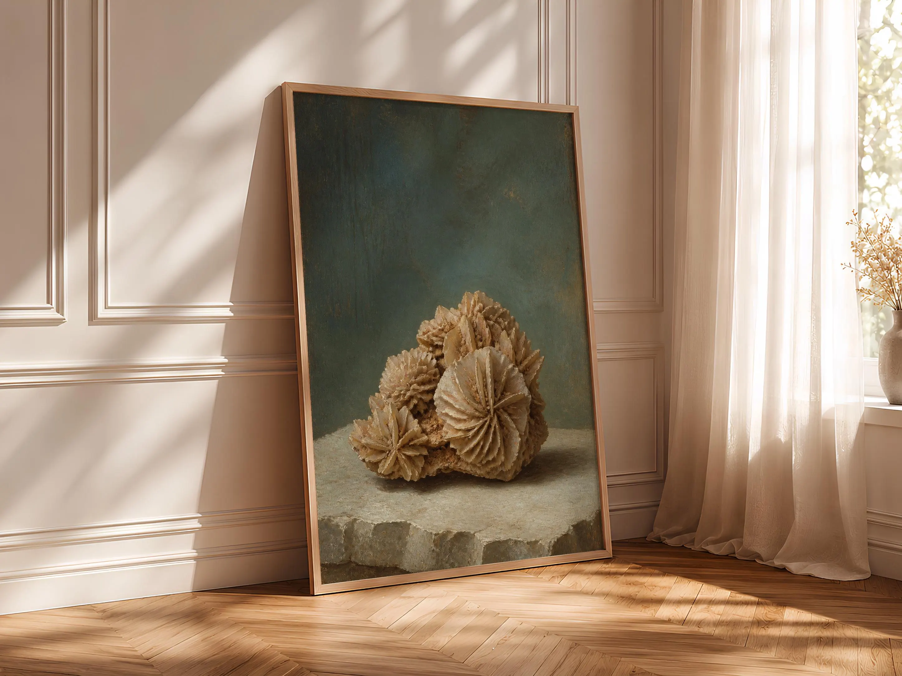Desert Rose Wall Art, Gypsum Crystal Rosette Painting, Soft Teal Mineral Study Print – Calm Wall Art by Artsify thumbnail 4
