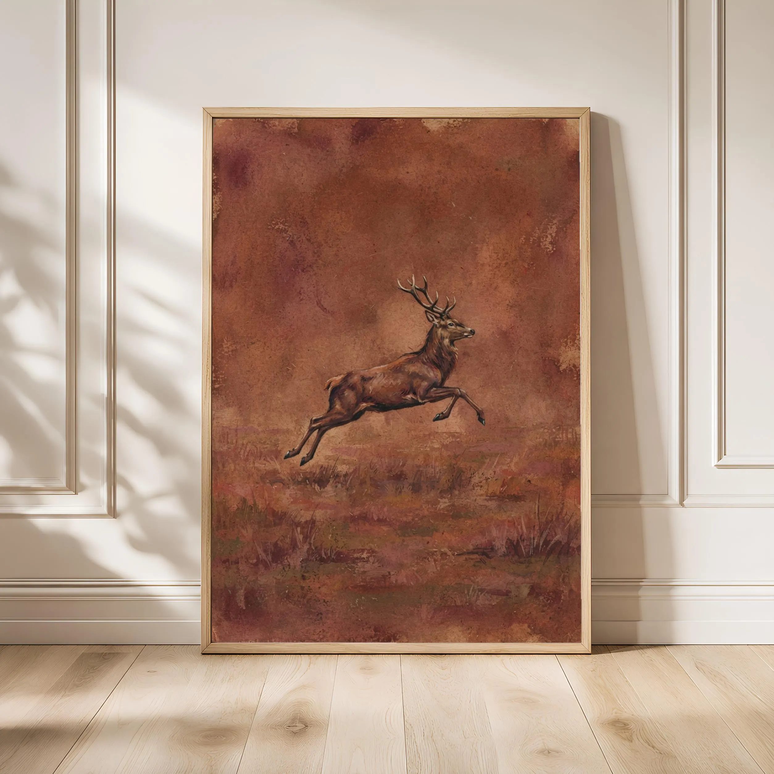 Leaping Stag Wall Art, Rust Minimalist Deer Painting, Vintage Woodland Print, Housewarming Gift – Calm Wall Art by Artsify