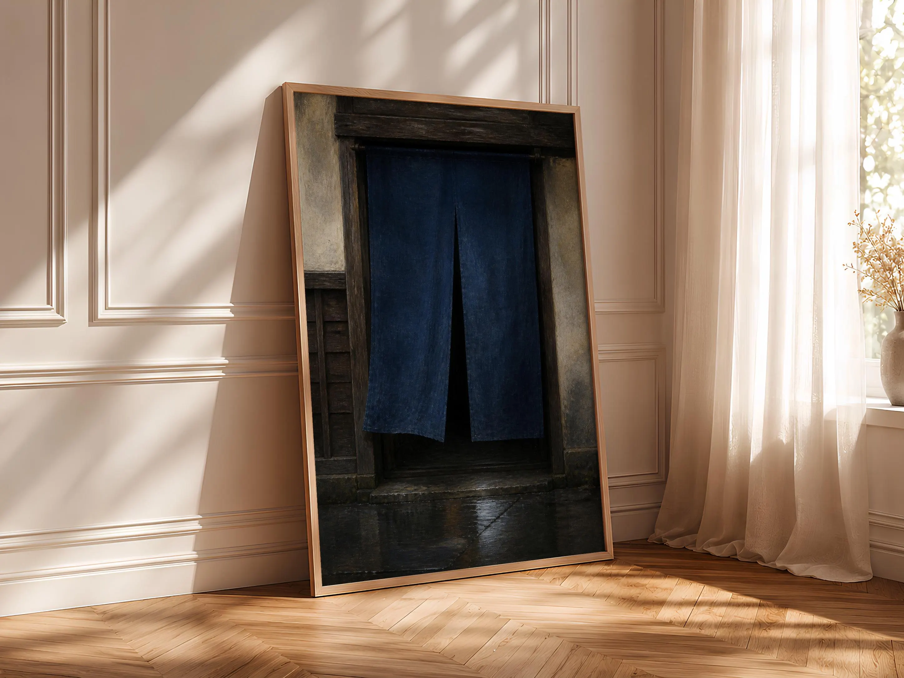 Noren Curtain Wall Art, Japanese Doorway Painting, Moody Indigo Rain Decor Print – Calm Wall Art by Artsify thumbnail 4