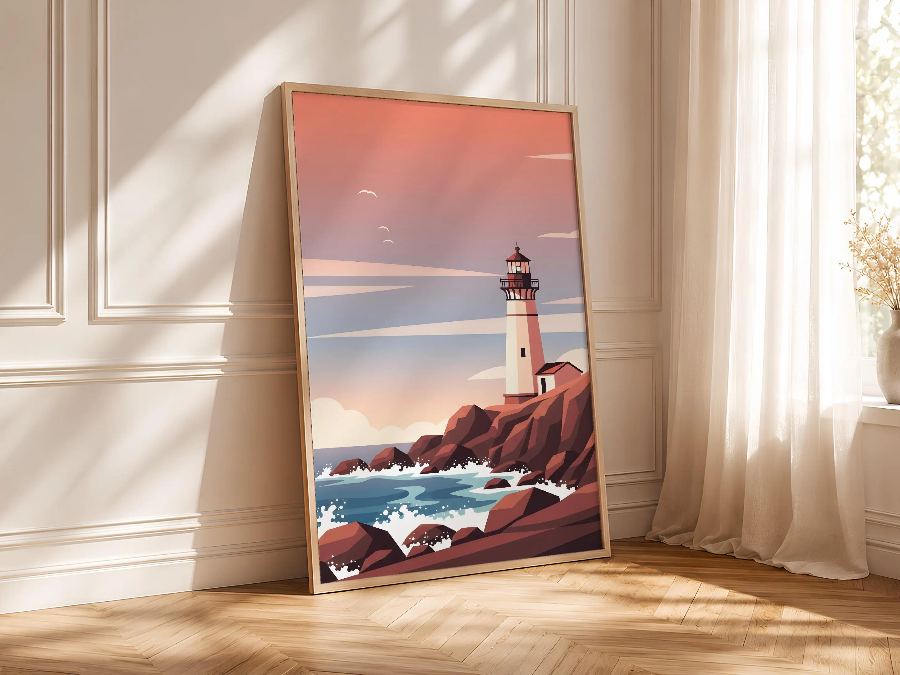 Lighthouse Coast Print, Rocky Cliff Poster, Coastal Wall Art, Living Room Decor, Housewarming Gift – Calm Wall Art by Artsify thumbnail 4