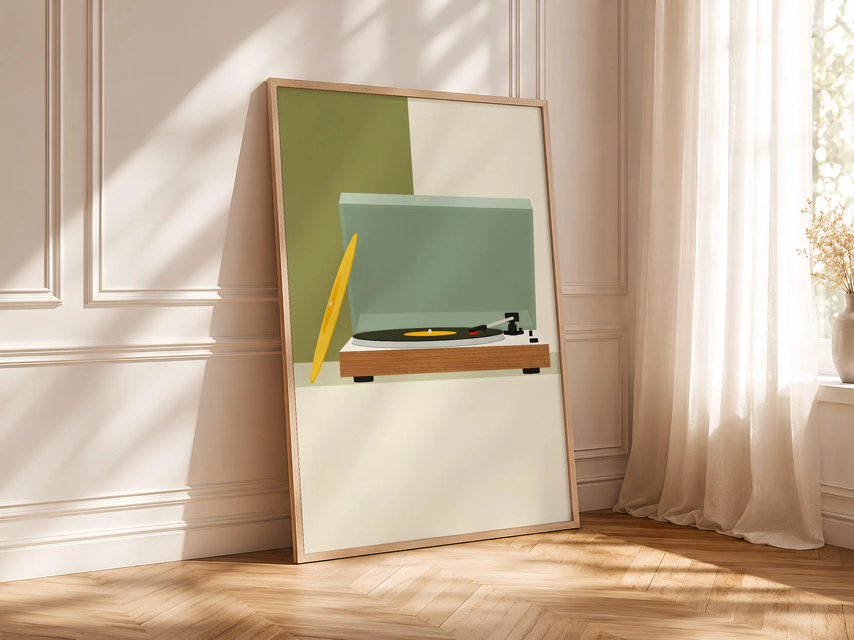 Retro Record Player Print, Japandi Vinyl Console Poster, Yellow Record Wall Art, Living Room Decor, Housewarming Gift – Calm Wall Art by Artsify thumbnail 4