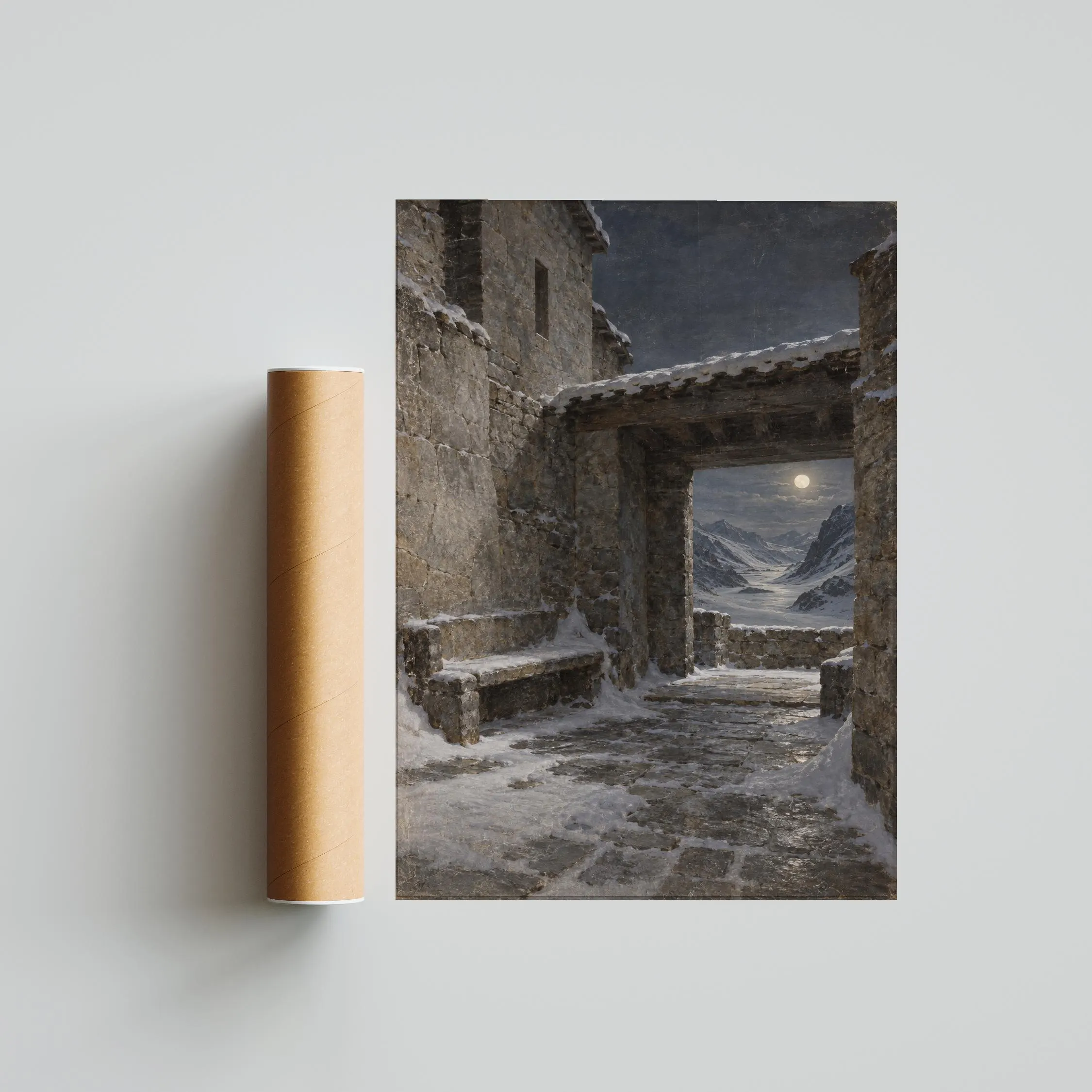 Winter Stone Courtyard Wall Art, Moonlit Mountain Passage Painting, Alpine Decor – Calm Wall Art by Artsify thumbnail 5