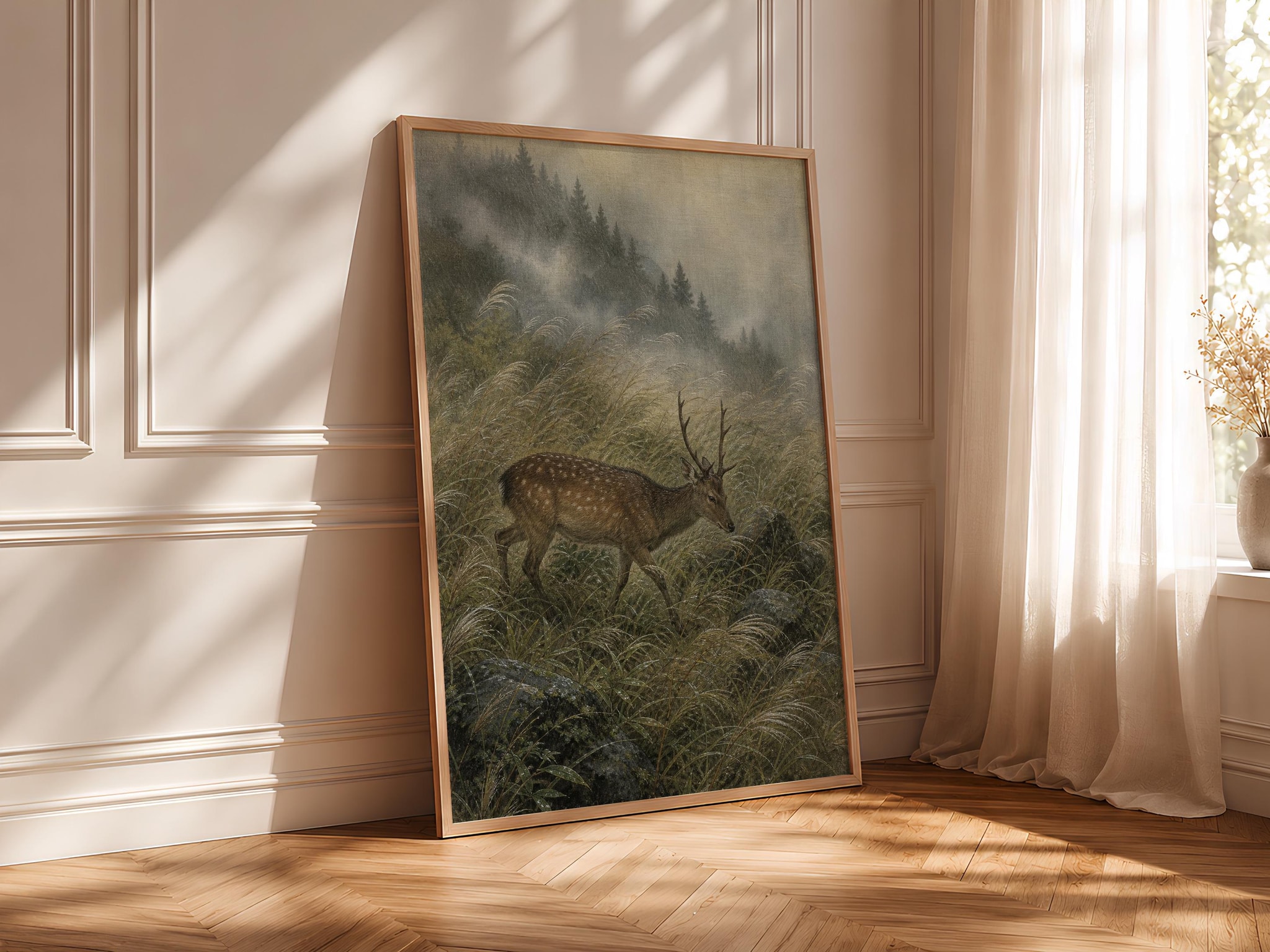 Sika Deer Painting Print, Japanese Wildlife Wall Art, Misty Grass Poster, Woodland Nature Decor, Housewarming Gift – Calm Wall Art by Artsify thumbnail 4