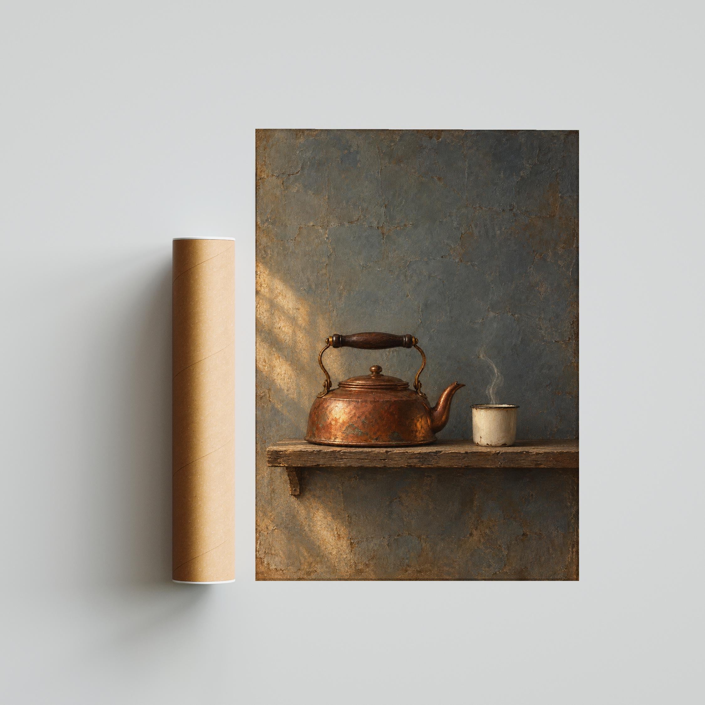 Copper Kettle Still Life Print, Moody Chiaroscuro Kitchen Painting – Calm Wall Art by Artsify thumbnail 5