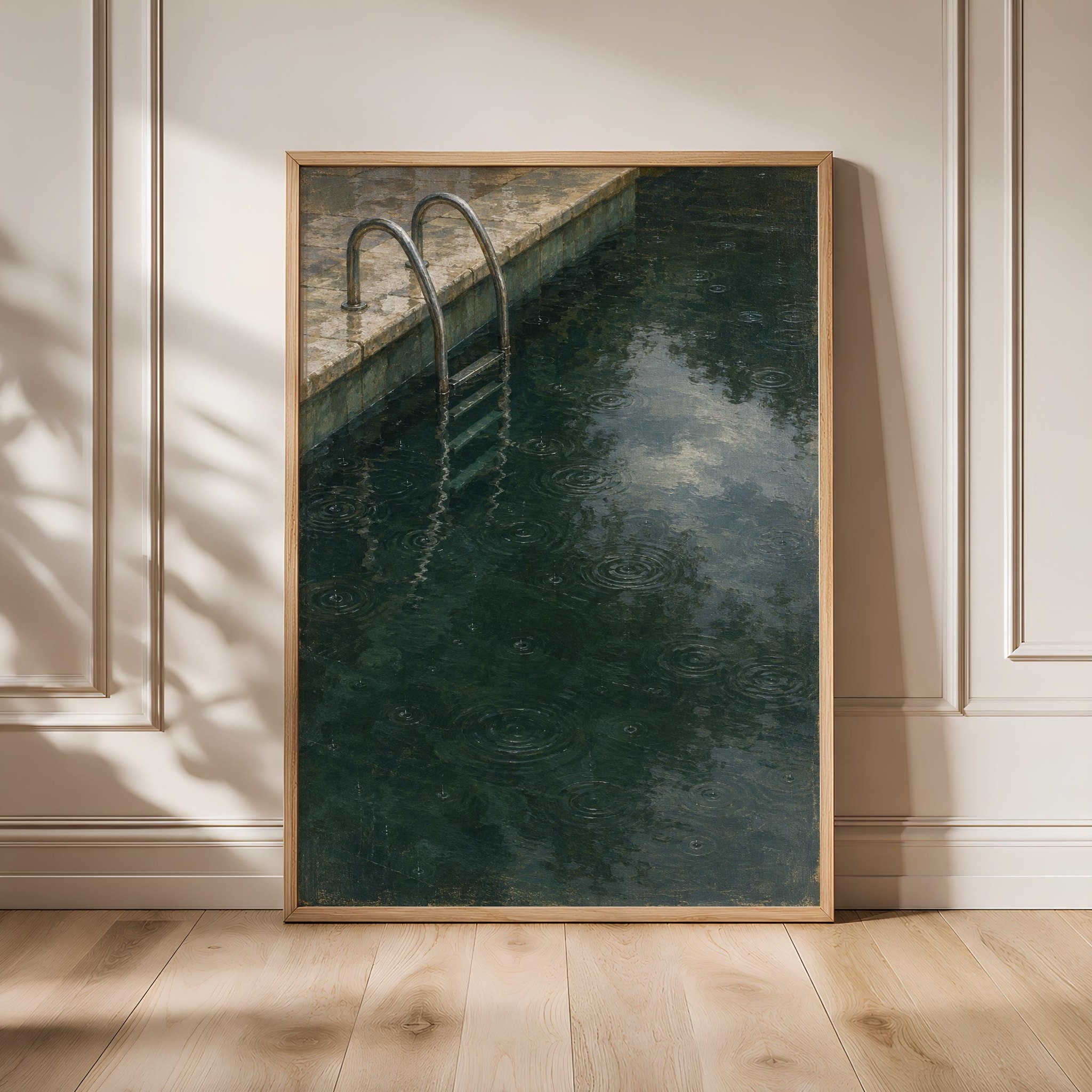 Rainy Pool Ladder Wall Art, Green Water Oil Painting, Moody Bathroom Decor – Calm Wall Art by Artsify