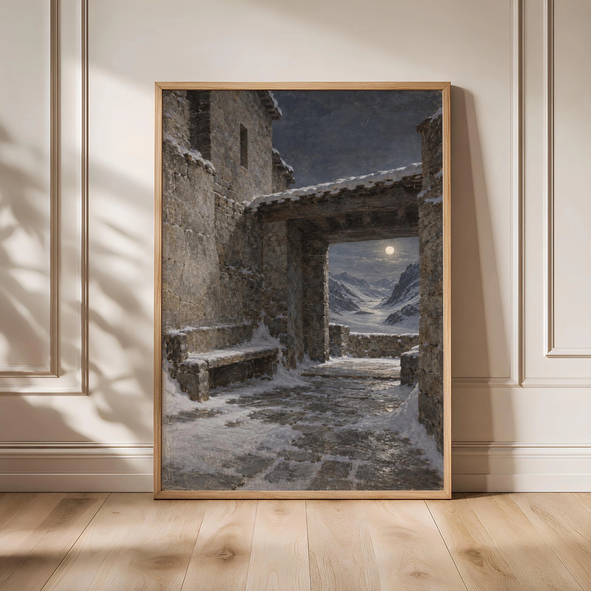 Winter Stone Courtyard Wall Art, Moonlit Mountain Passage Painting, Alpine Decor – Calm Wall Art by Artsify