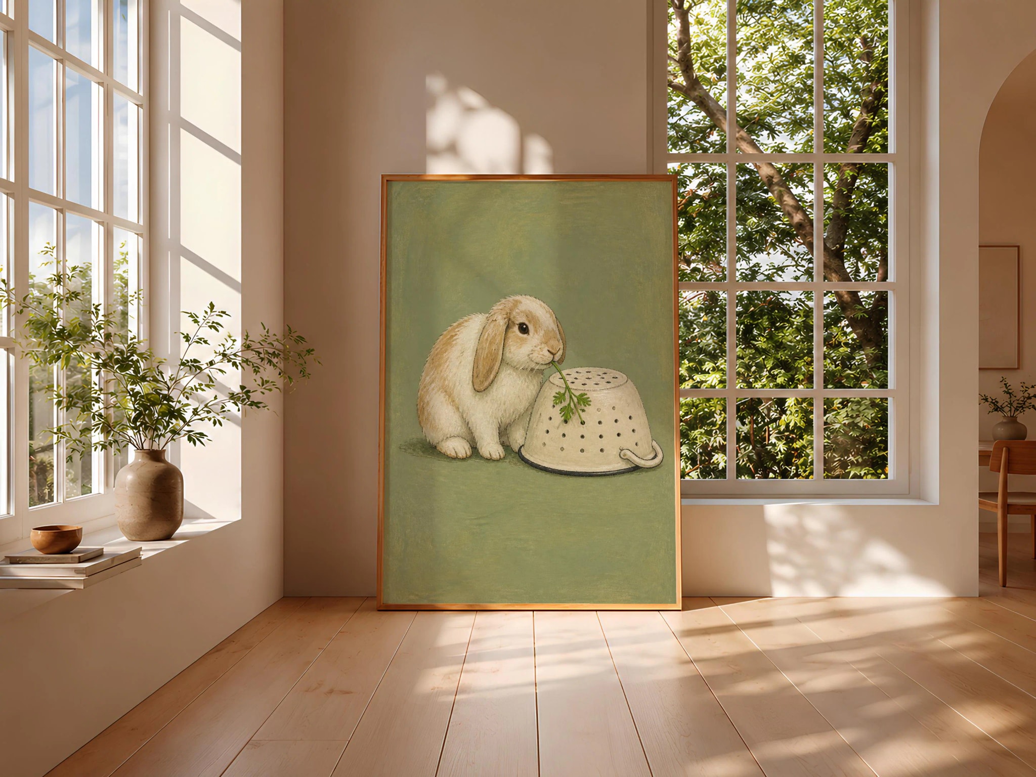 Funny Rabbit Kitchen Art, Lop Bunny and Colander, Minimalist Pet Print – Calm Wall Art by Artsify thumbnail 3