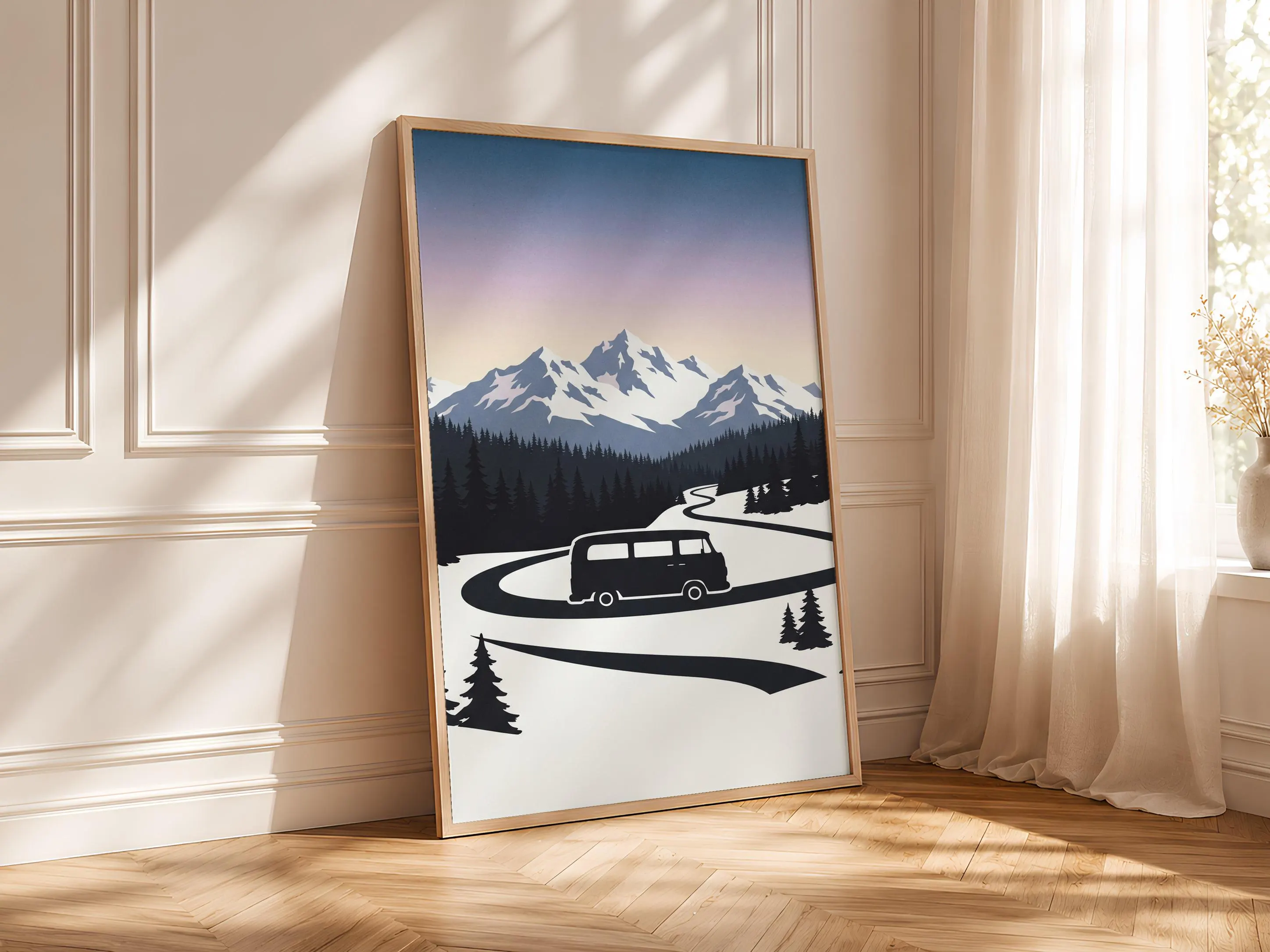 Retro Camper Van Print, Snowy Mountain Poster, Lavender Wall Art, Vanlife Decor, Housewarming Gift – Calm Wall Art by Artsify thumbnail 4