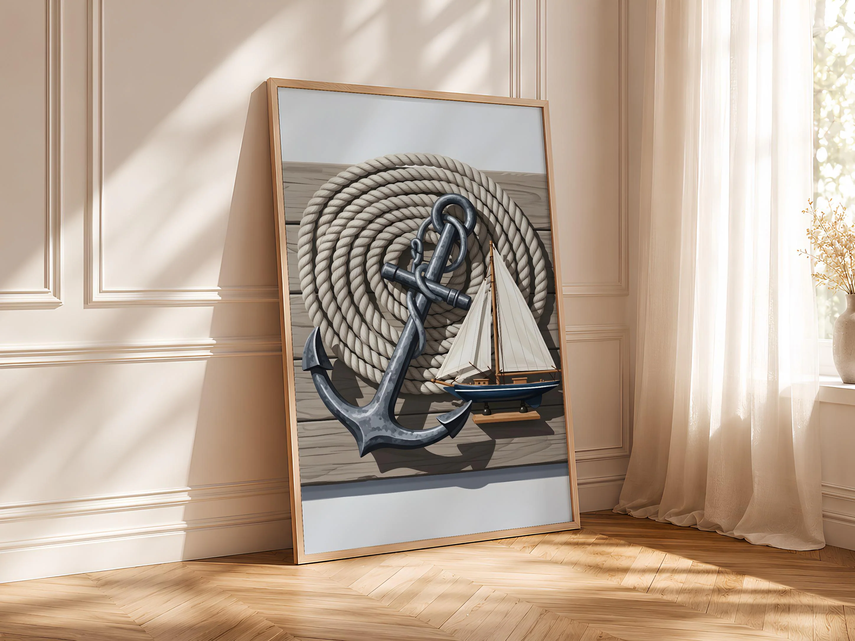 Nautical Anchor Print, Rope and Sailboat Poster, Coastal Bathroom Wall Art, Hallway Decor, Housewarming Gift – Calm Wall Art by Artsify thumbnail 4