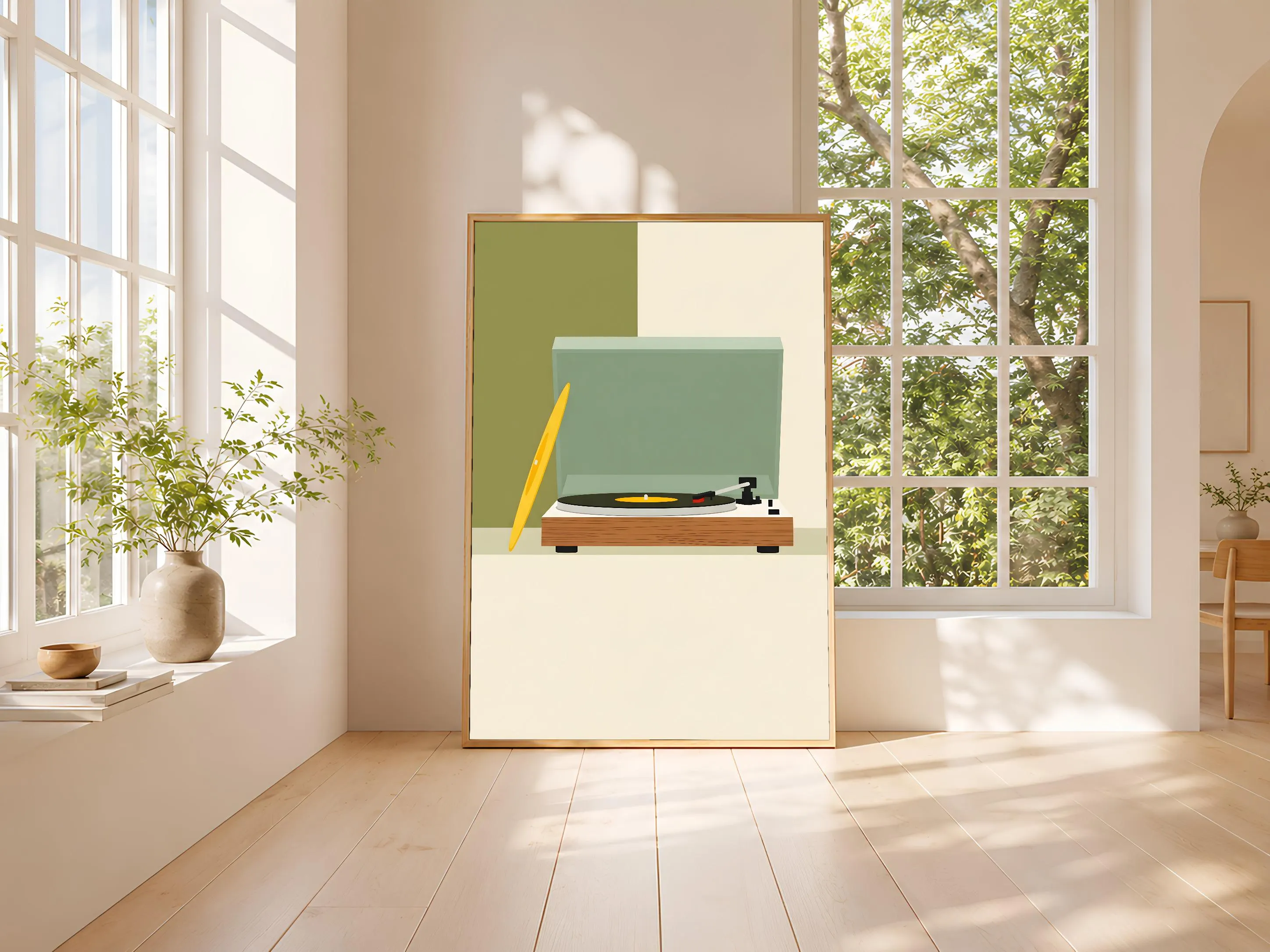 Retro Record Player Print, Japandi Vinyl Console Poster, Yellow Record Wall Art, Living Room Decor, Housewarming Gift – Calm Wall Art by Artsify thumbnail 3