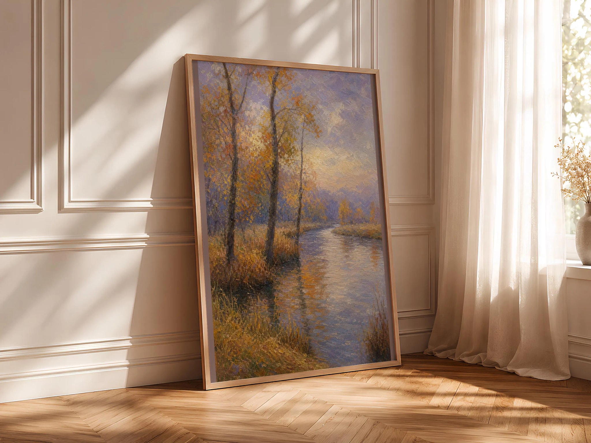 Monet Style River Print, Impressionist Landscape Wall Art, Amber Autumn Poster, Fall Cottage Decor, Housewarming Gift – Calm Wall Art by Artsify thumbnail 4