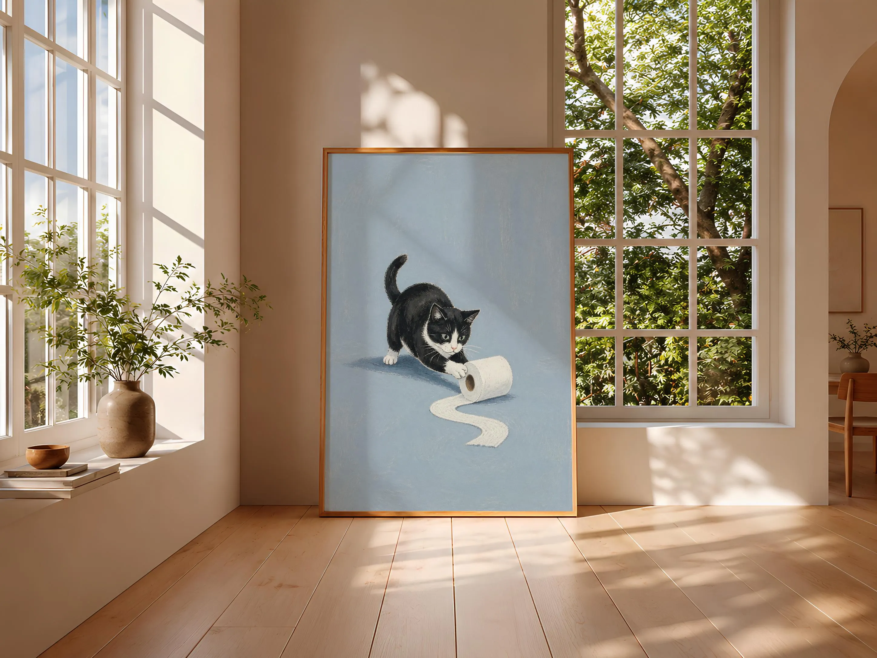 Funny Tuxedo Cat Bathroom Art, Minimalist Toilet Paper Pet Print – Calm Wall Art by Artsify thumbnail 3