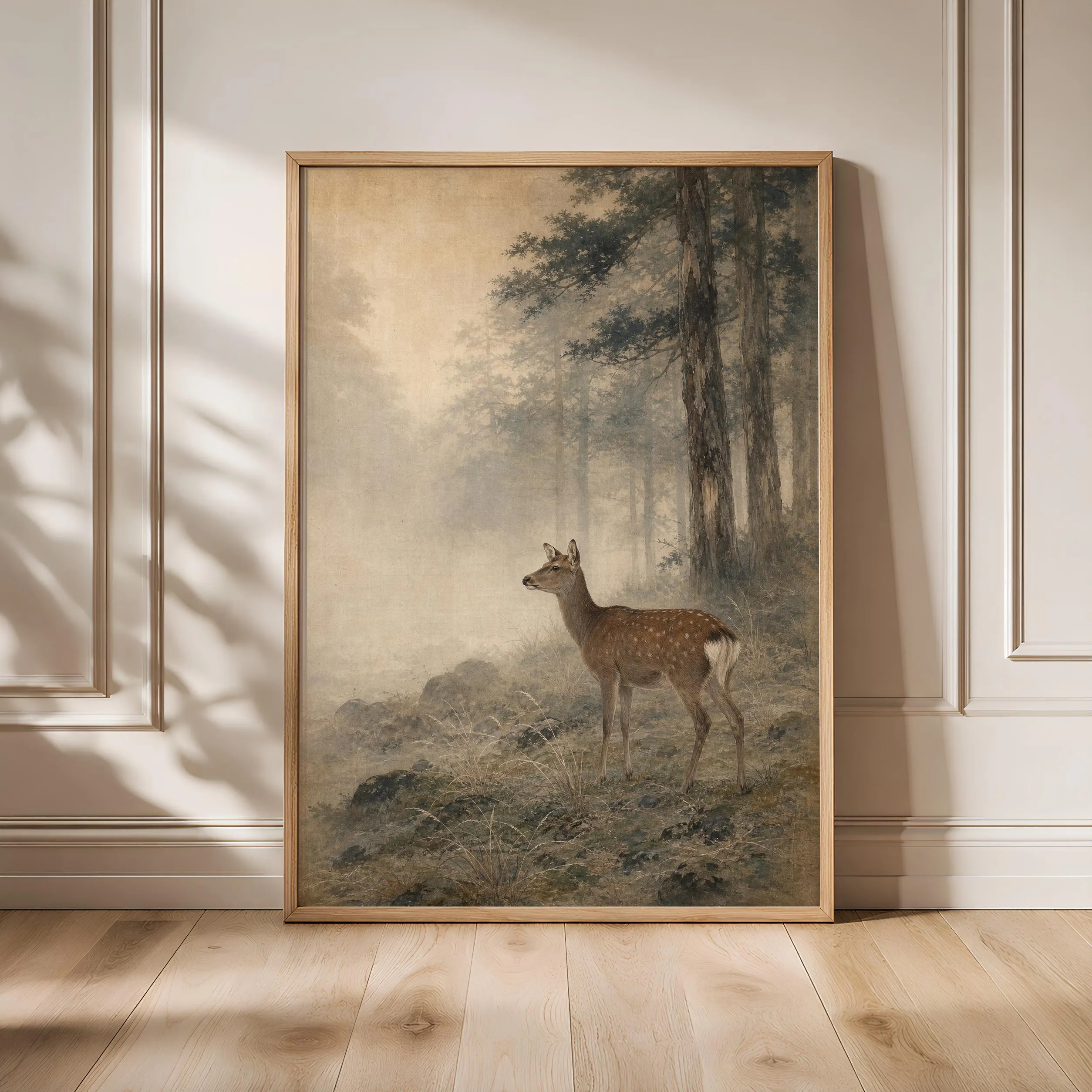 Sika Deer Painting Print, Japanese Wildlife Wall Art, Cedar Forest Poster, Woodland Nature Decor, Housewarming Gift – Calm Wall Art by Artsify