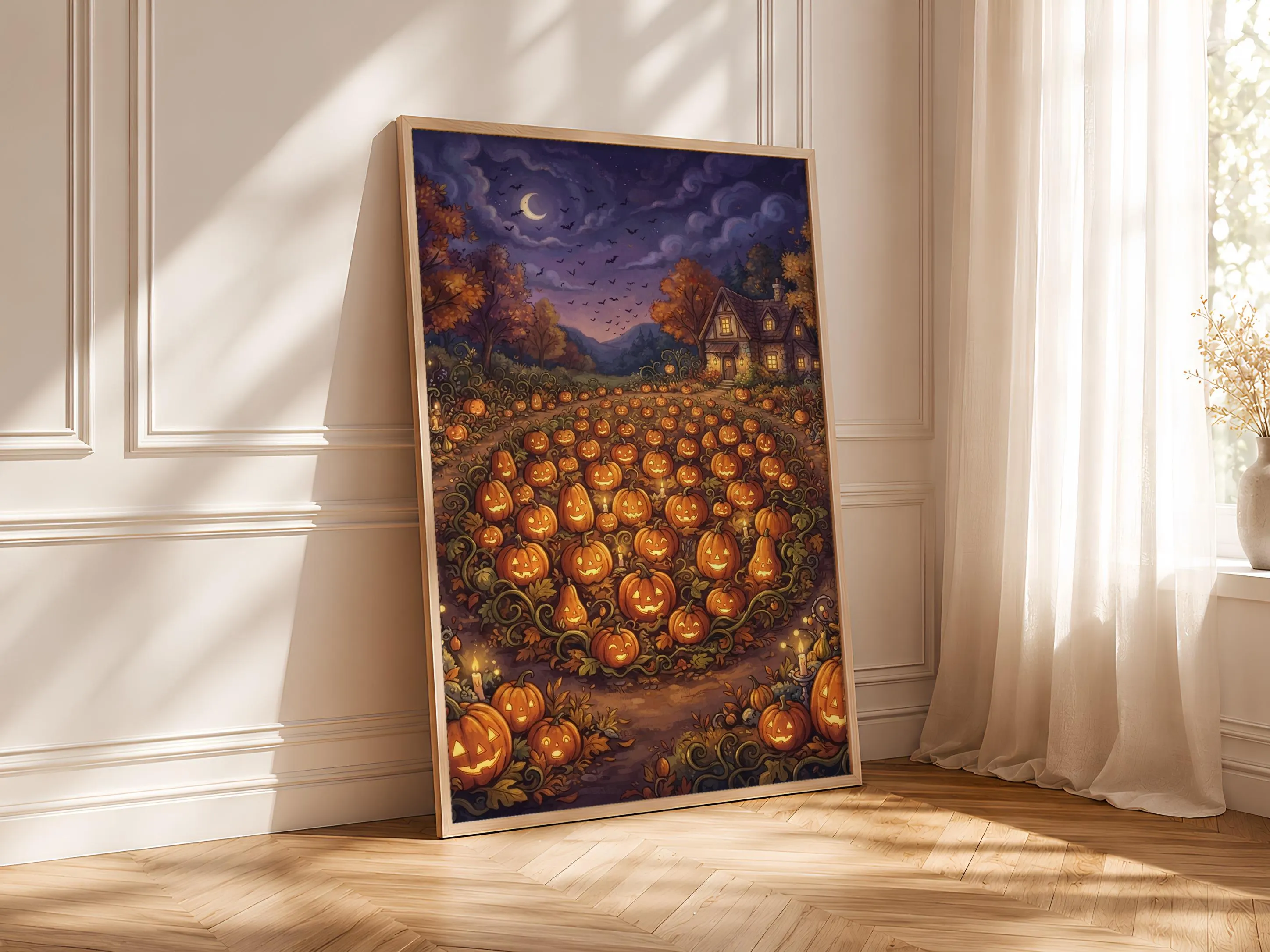 Halloween Pumpkin Patch Print, Storybook Poster, Orange Purple Wall Art, Housewarming Gift – Calm Wall Art by Artsify thumbnail 4