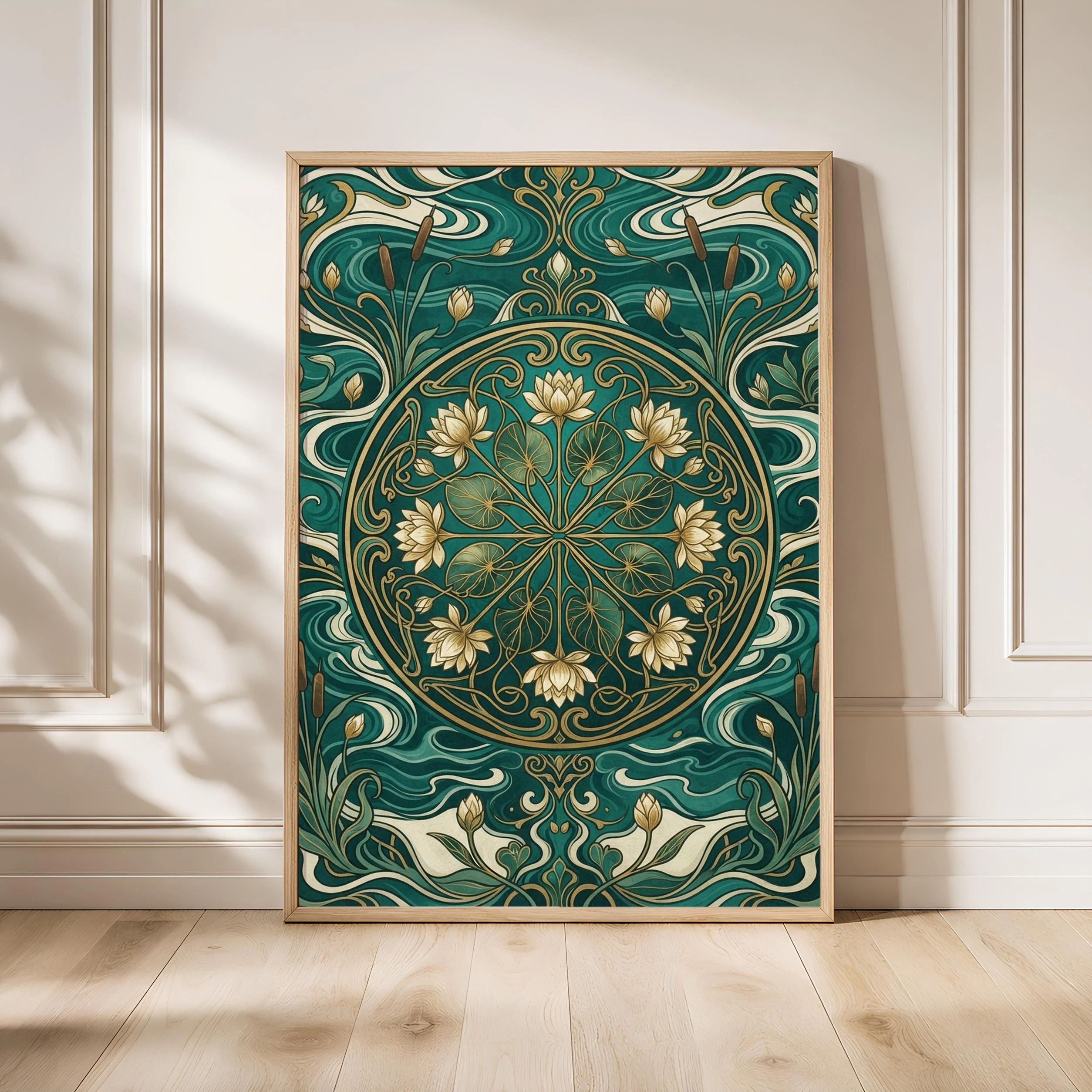 Art Nouveau Water Lily Print, Golden Retro Floral Poster, Gold Medallion Wall Art, Bathroom Decor, Housewarming Gift – Calm Wall Art by Artsify