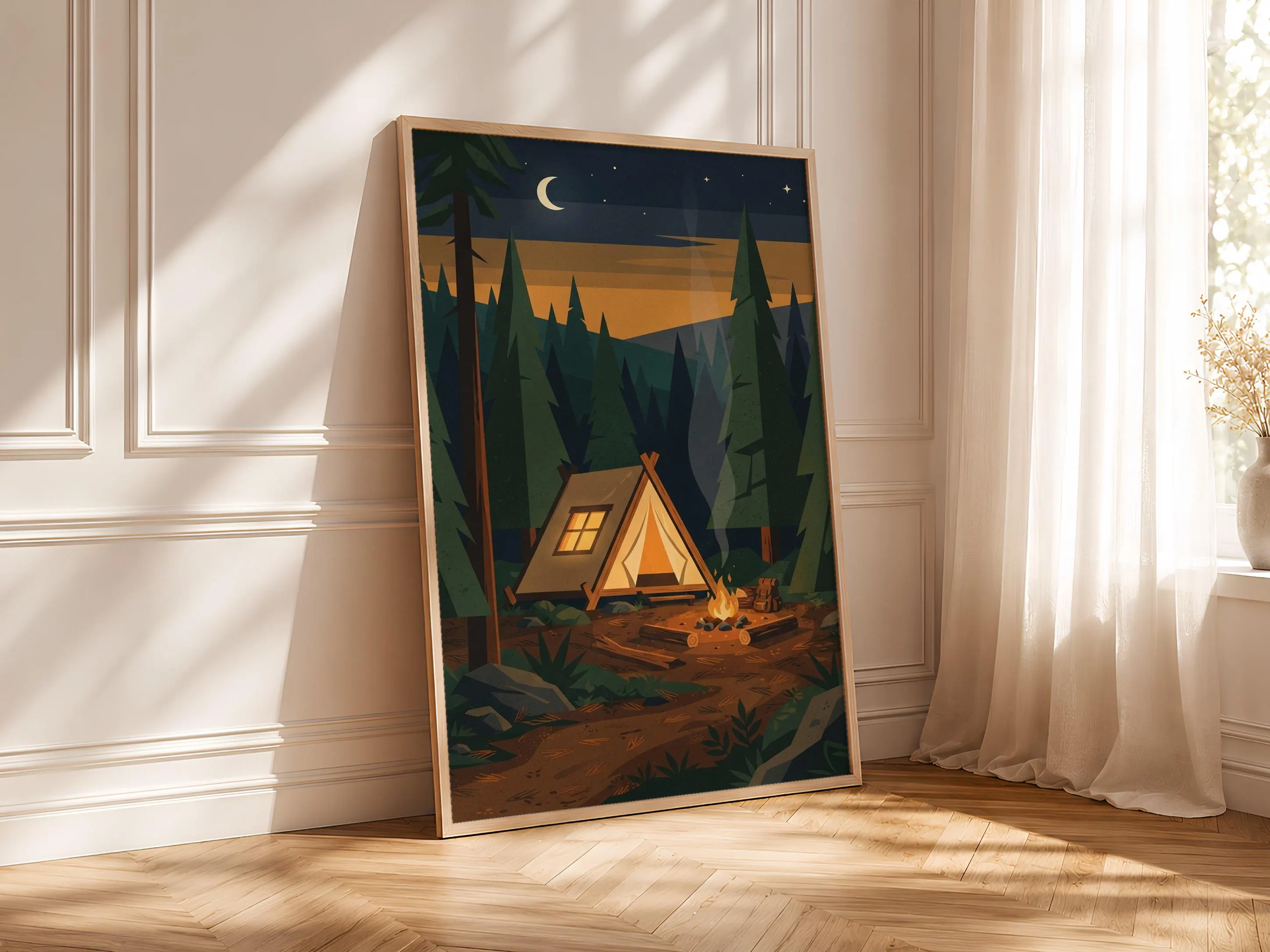 Vintage Camping Tent Print, Retro Campfire Poster, Woodland Wall Art, Bedroom Decor, Housewarming Gift – Calm Wall Art by Artsify thumbnail 4