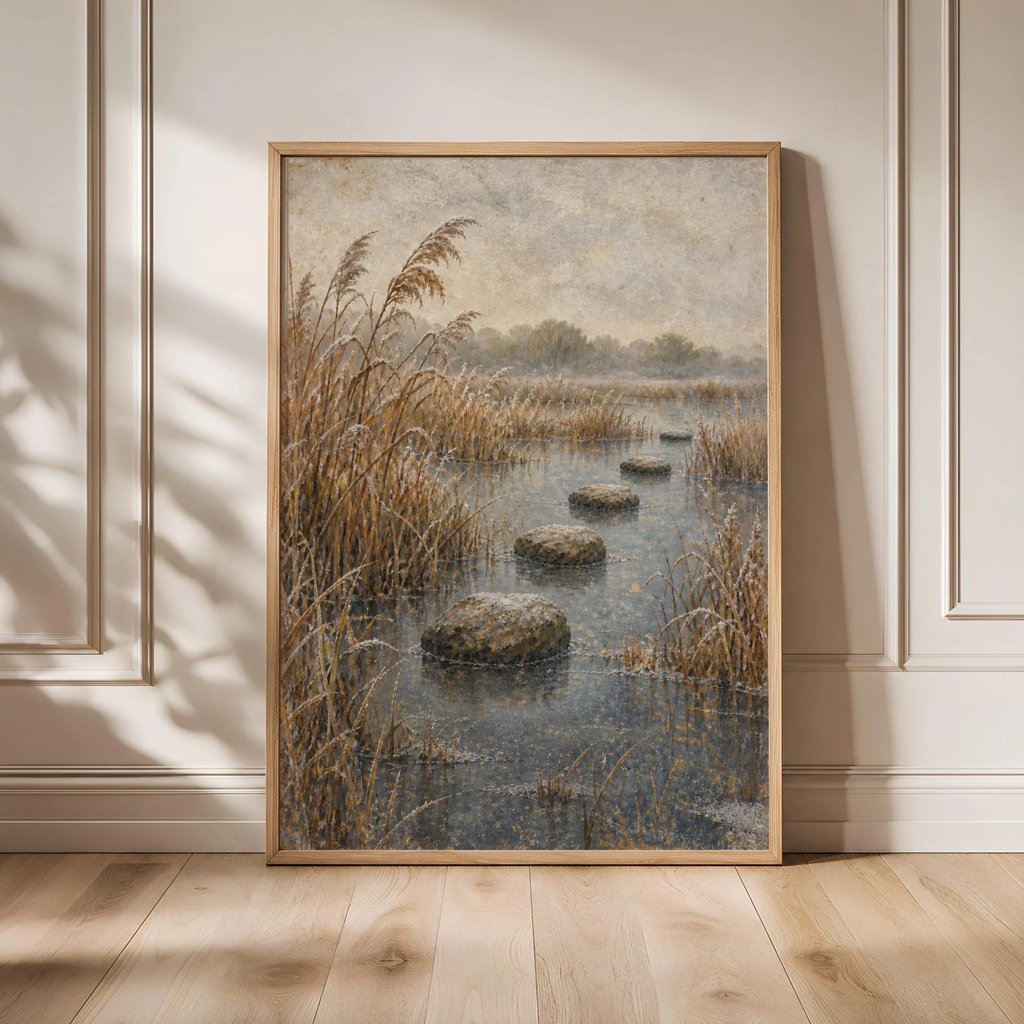 Frosted Reed Marsh Wall Art, Japanese Autumn Wetland Painting, Earth Tone Office Decor – Calm Wall Art by Artsify