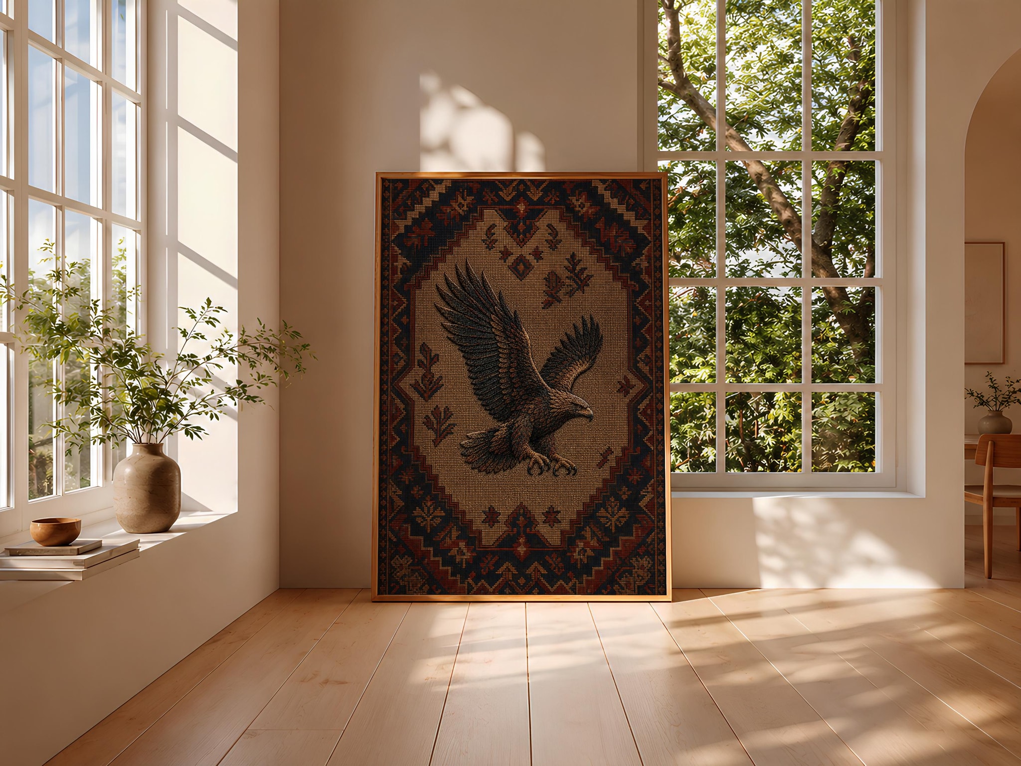 Embroidered Eagle Print, Anatolian Kilim Wall Art, Rustic Textile Poster, Boho Animal Decor – Calm Wall Art by Artsify thumbnail 3